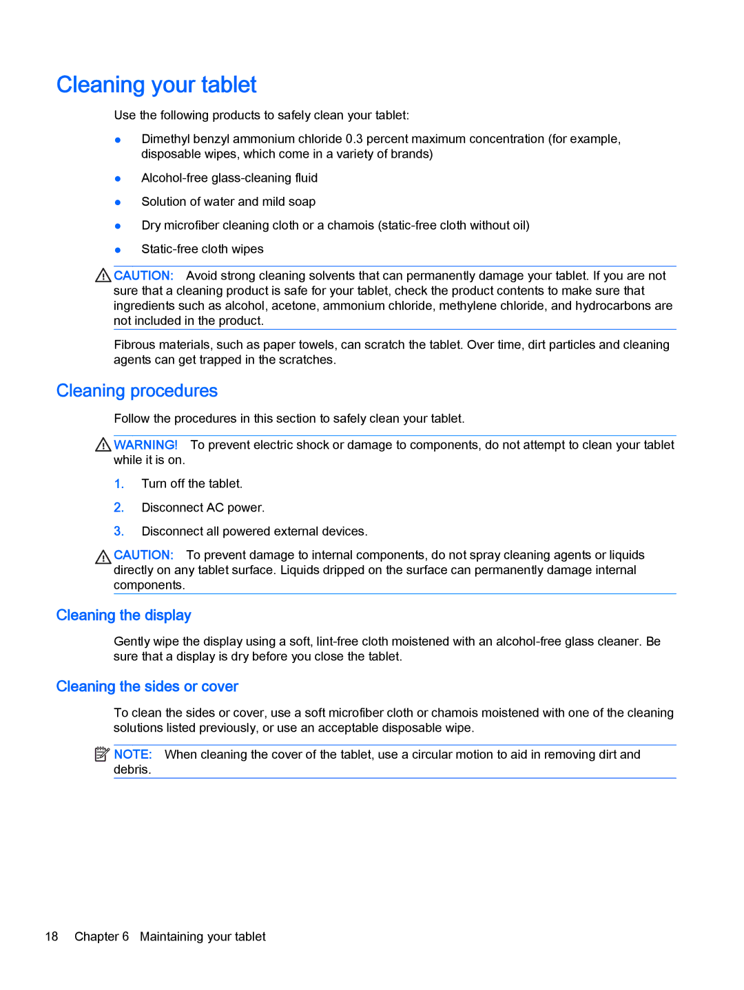 HP Stream 8 - 5909, Stream 8 - 5901, Stream 8 - 5801ca, Stream 7 - 5709 manual Cleaning your tablet, Cleaning procedures 