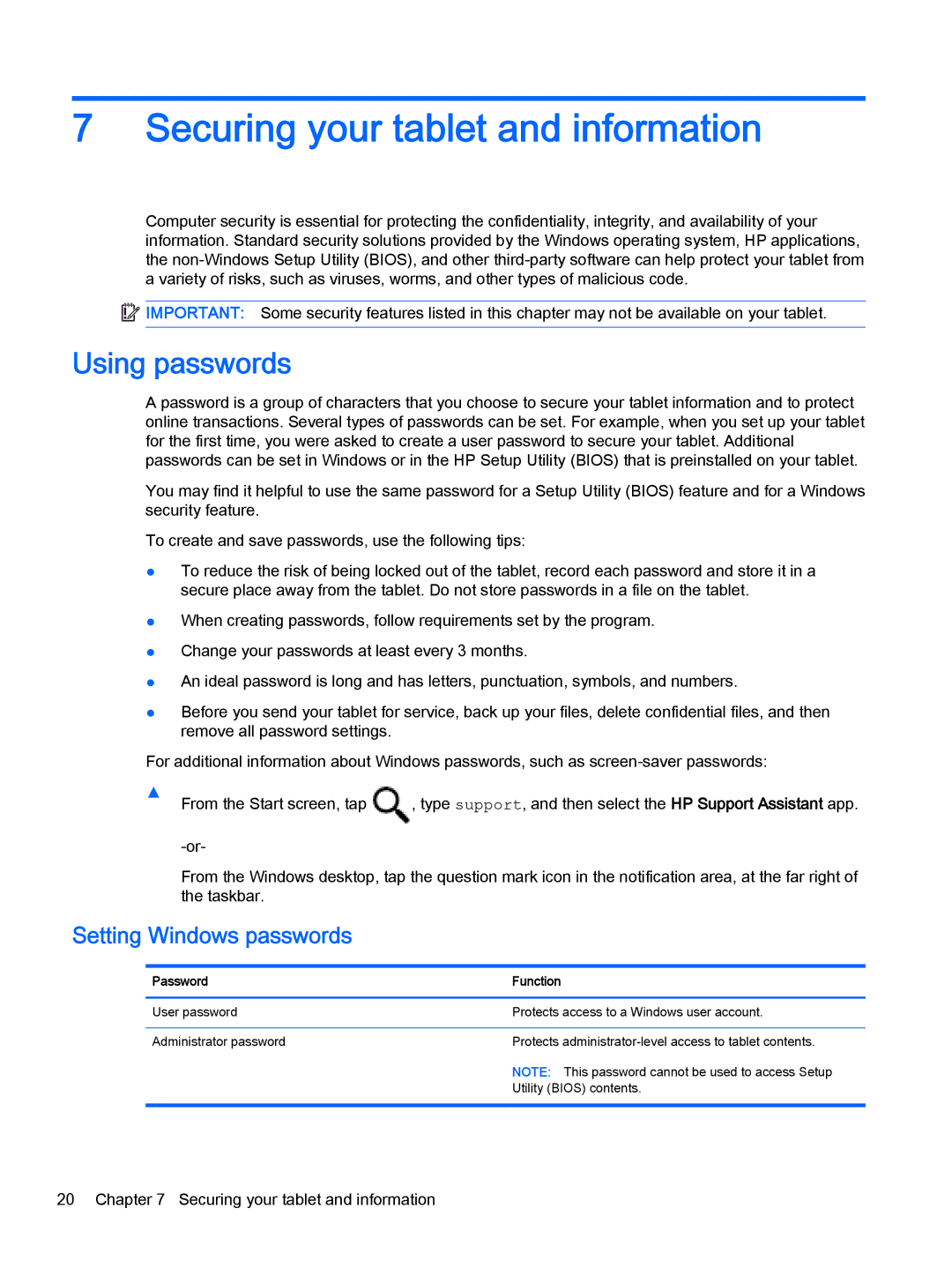 HP Stream 8 - 5909, Stream 8 - 5901 manual Securing your tablet and information, Using passwords, Setting Windows passwords 