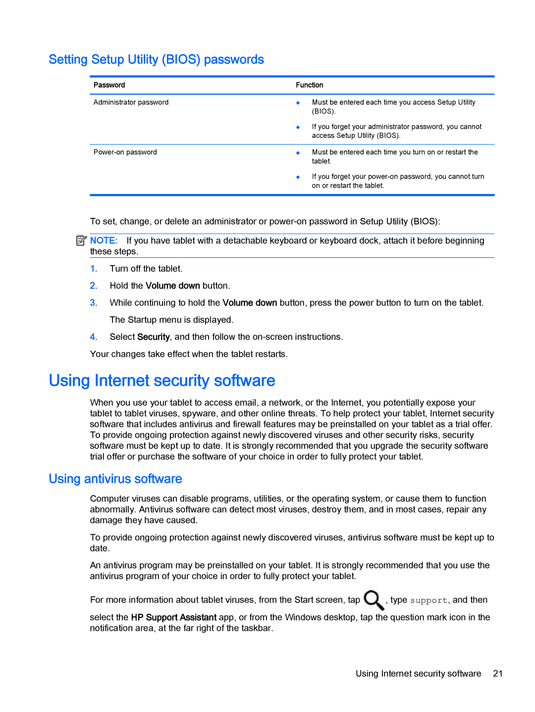 HP Stream 8 - 5901 manual Using Internet security software, Setting Setup Utility Bios passwords, Using antivirus software 