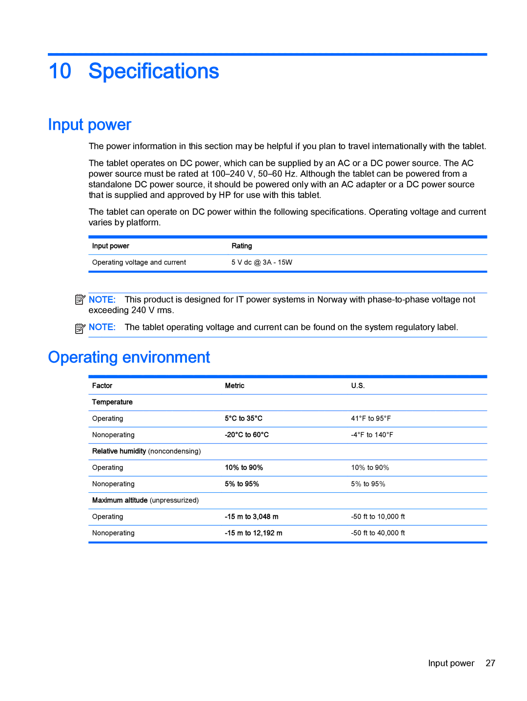 HP Stream 8 - 5901, Stream 8 - 5909, Stream 8 - 5801ca, Stream 7 - 5709 Specifications, Input power, Operating environment 