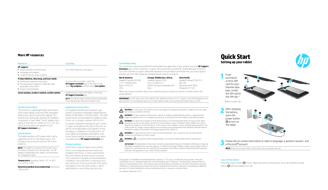 HP Stream 8 - 5901 manual Resource, Limited Warranty, Product description, Specification, Regulatory information 