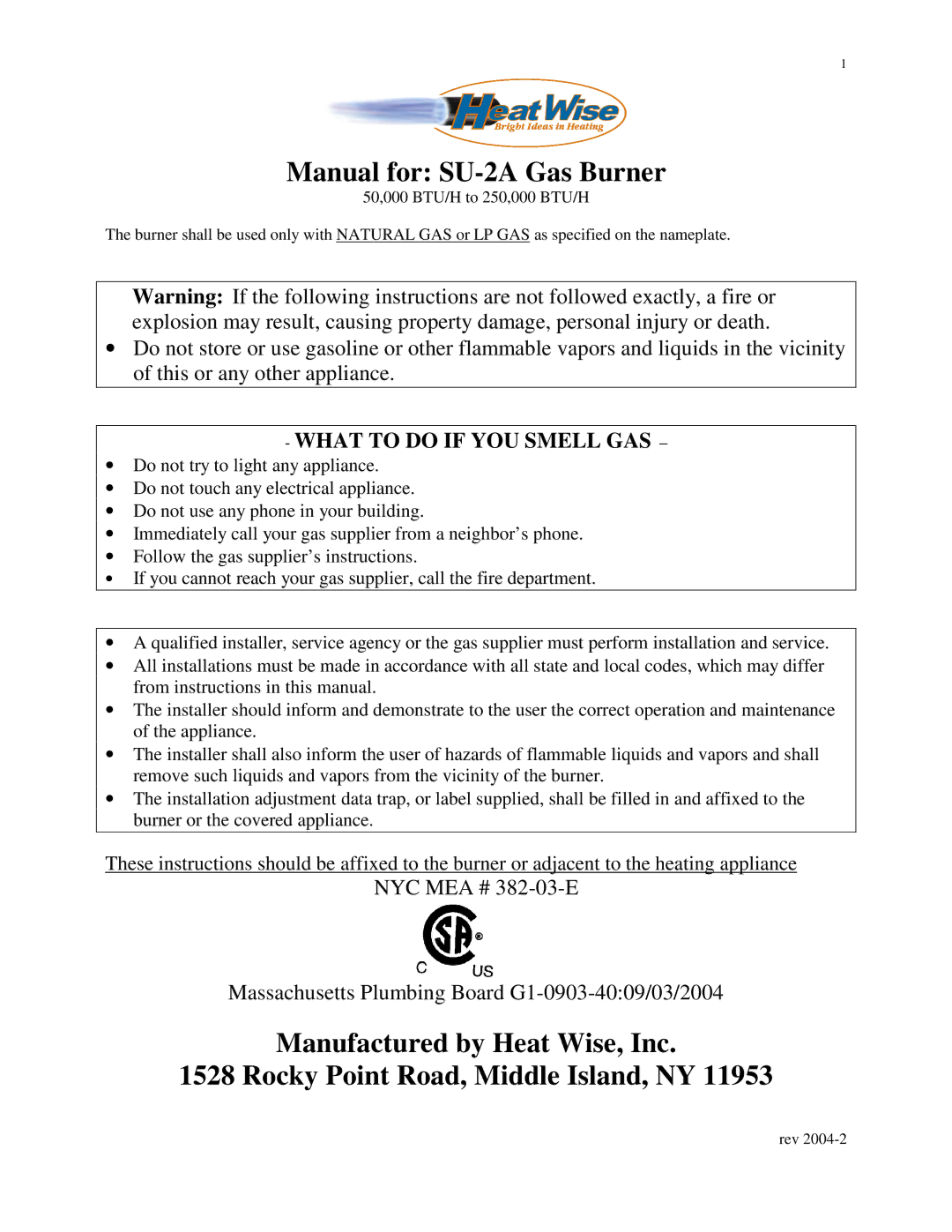 HP manual Manual for SU-2A Gas Burner 