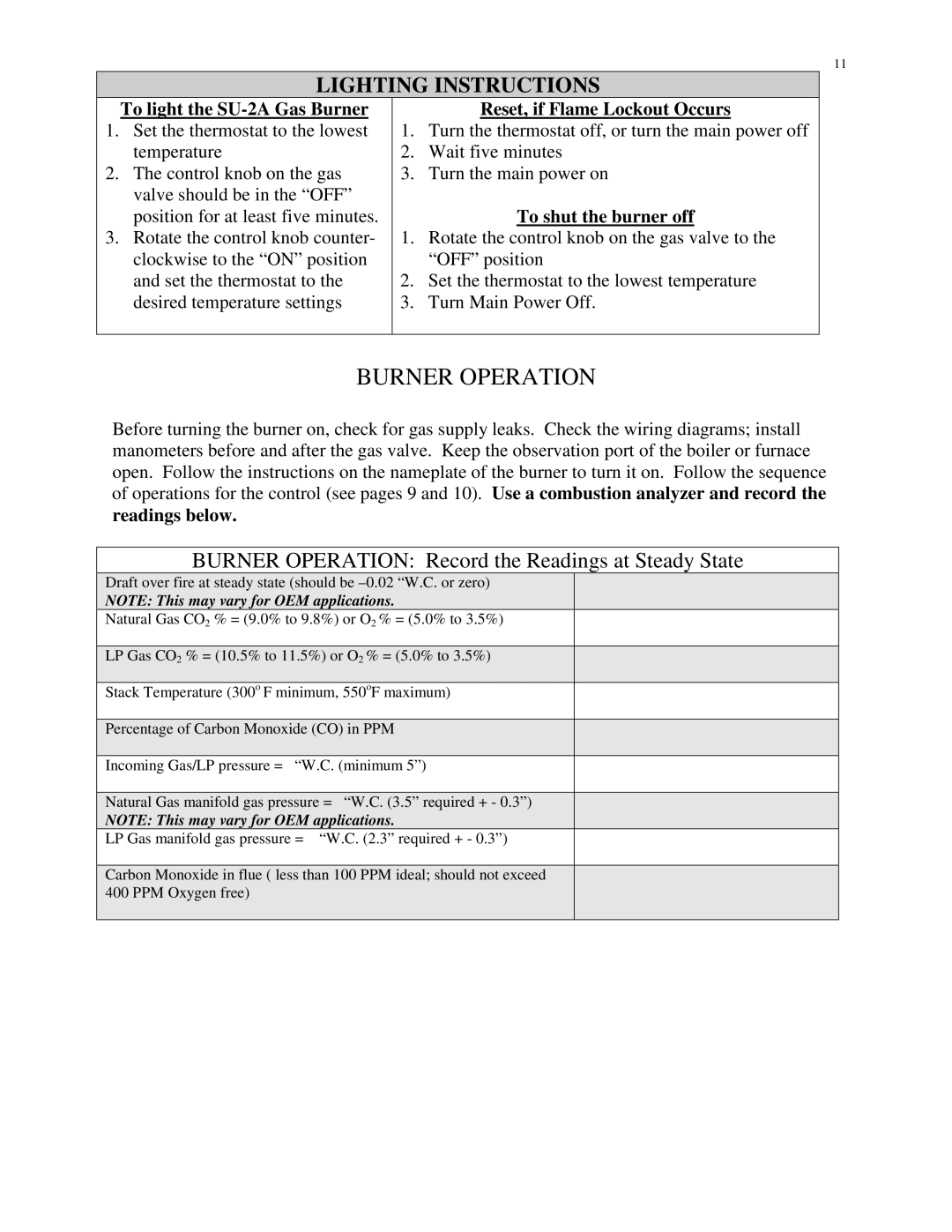 HP Burner Operation Record the Readings at Steady State, To light the SU-2A Gas Burner, Reset, if Flame Lockout Occurs 