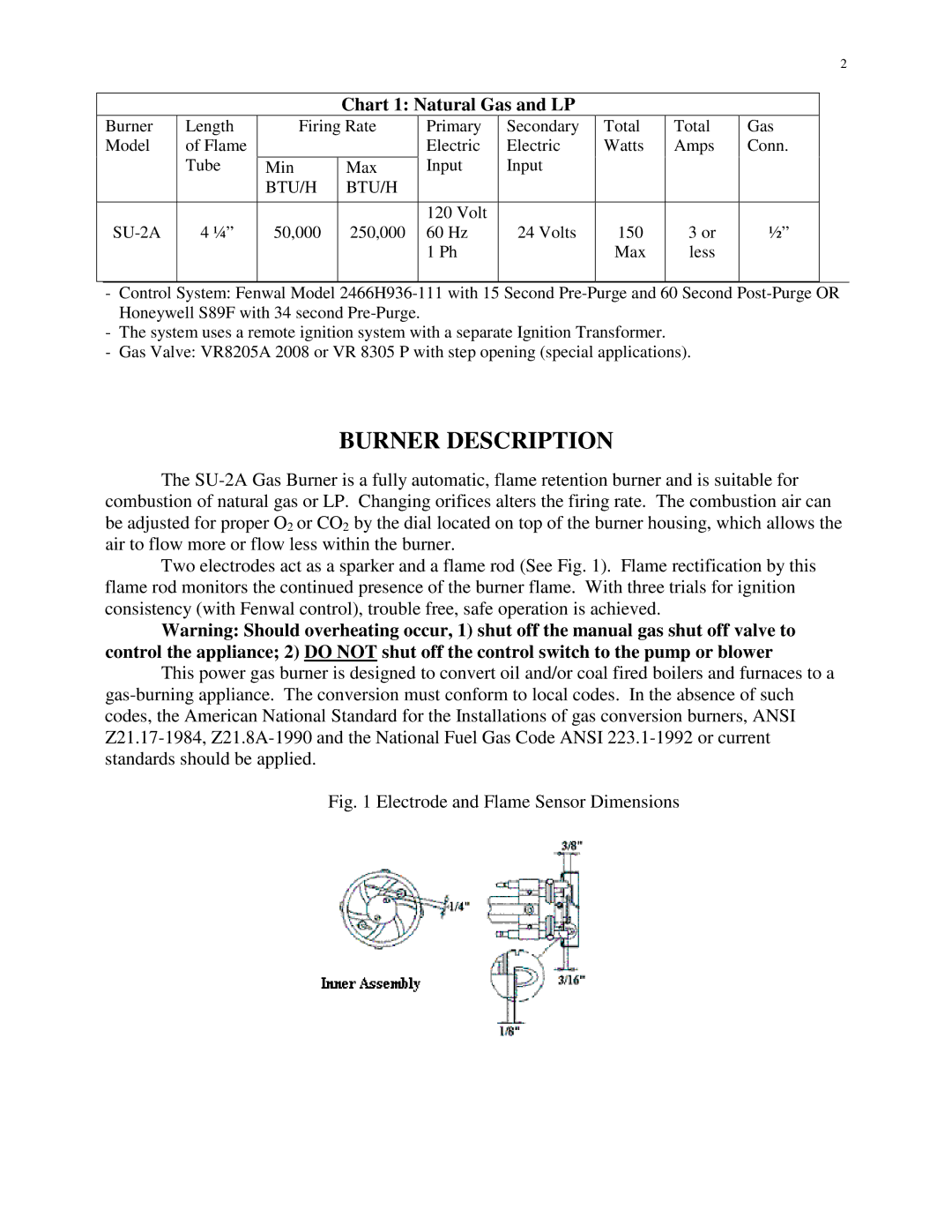 HP SU-2A manual Burner Description, Chart 1 Natural Gas and LP 