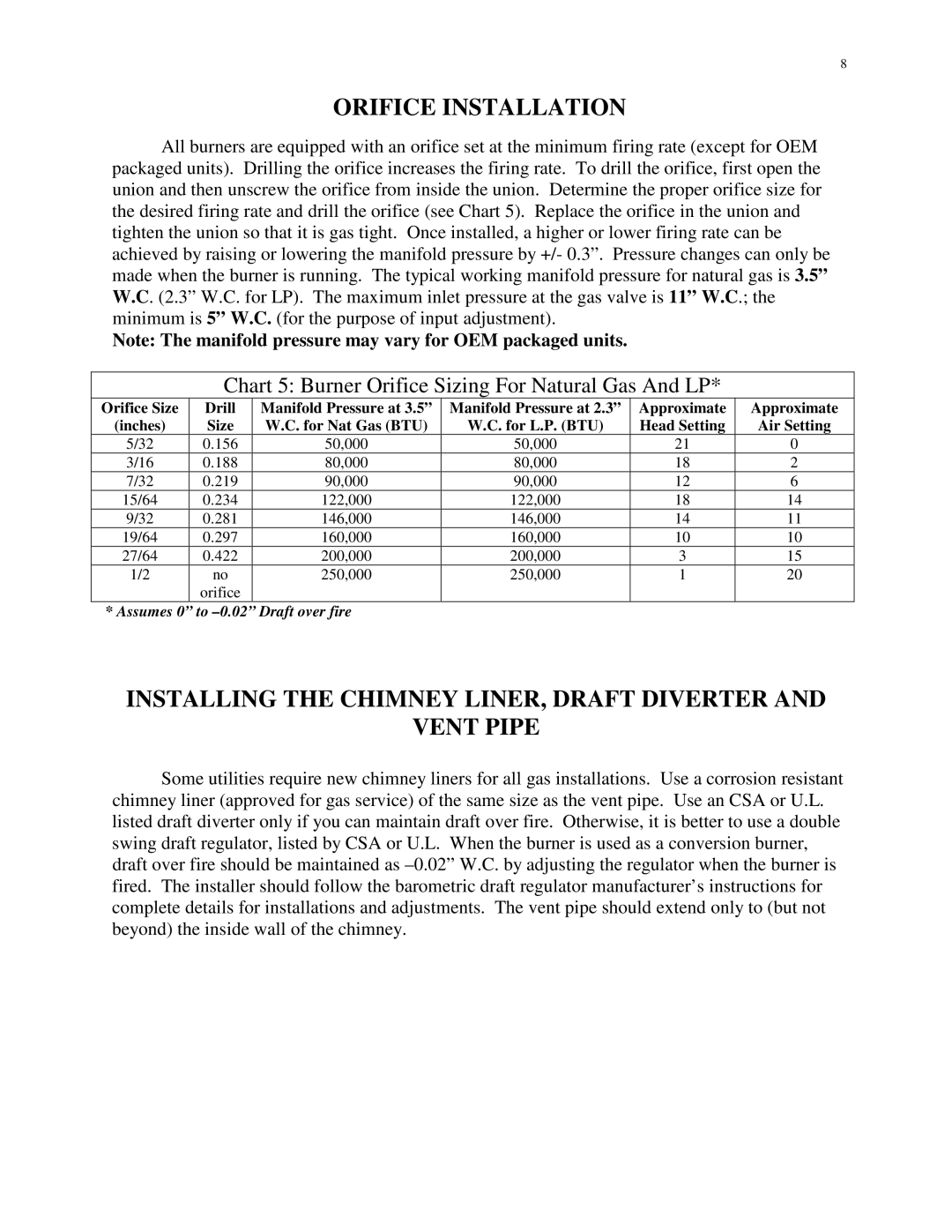 HP SU-2A manual Orifice Installation, Installing the Chimney LINER, Draft Diverter Vent Pipe 