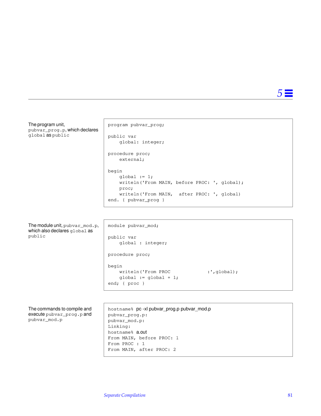 HP SunSoft Pascal 4.0 manual Commands to compile and execute pubvarprog.p and pubvarmod.p 