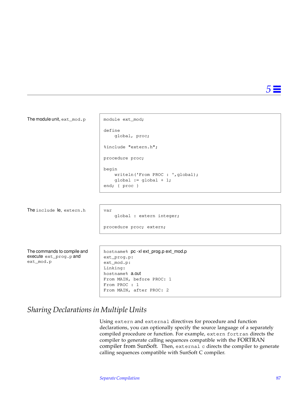 HP SunSoft Pascal 4.0 manual Sharing Declarations in Multiple Units, Module unit, extmod.p 