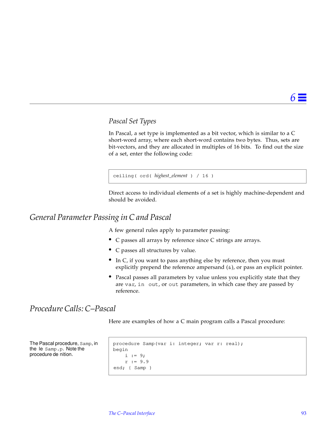 HP SunSoft Pascal 4.0 manual General Parameter Passing in C and Pascal, Procedure Calls C-Pascal, Pascal Set Types 