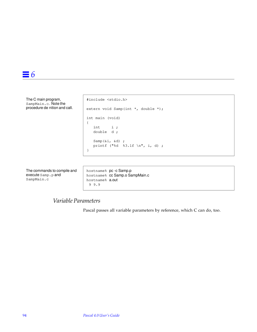 HP SunSoft Pascal 4.0 manual Variable Parameters, Commands to compile and execute Samp.p 