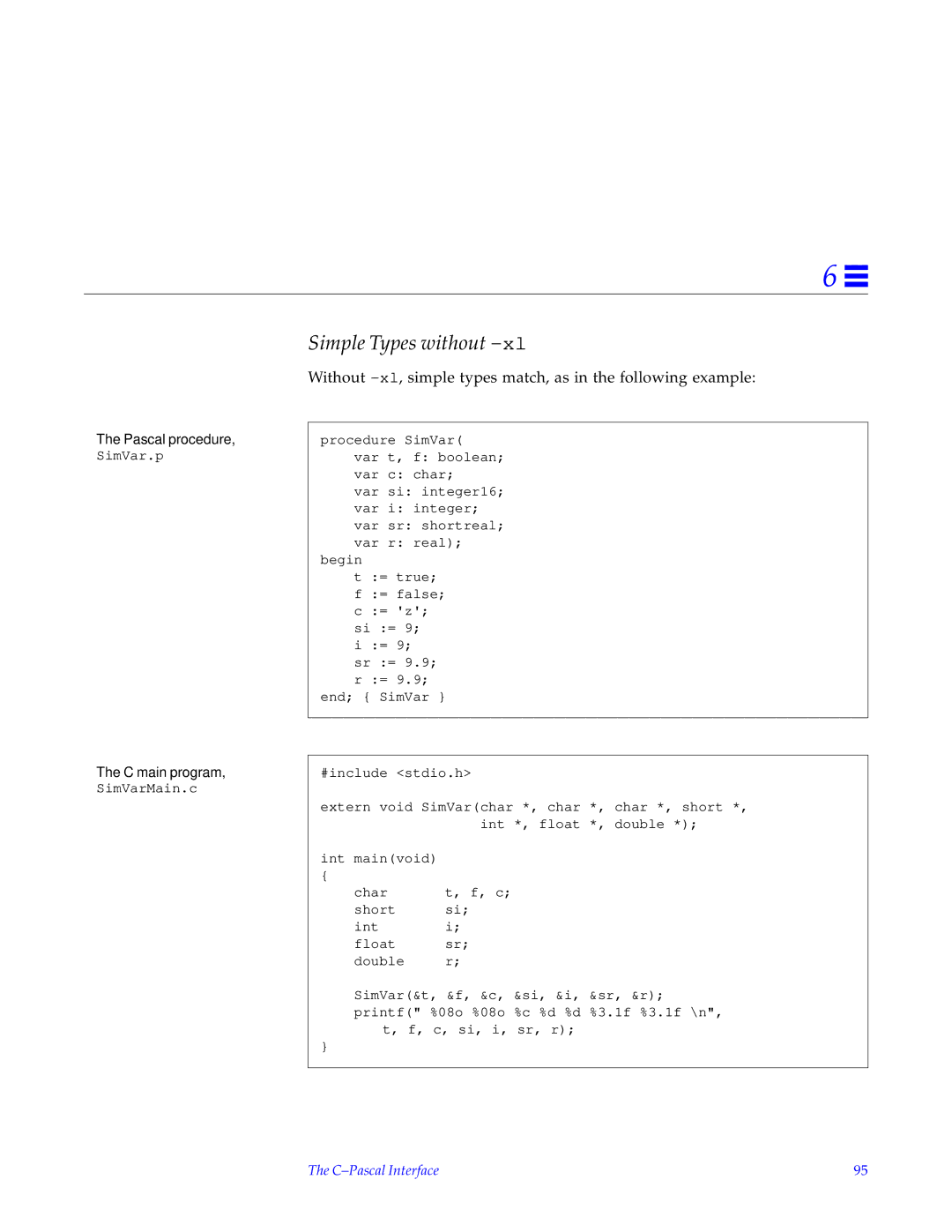 HP SunSoft Pascal 4.0 manual Simple Types without -xl, Pascal procedure, SimVar.p 