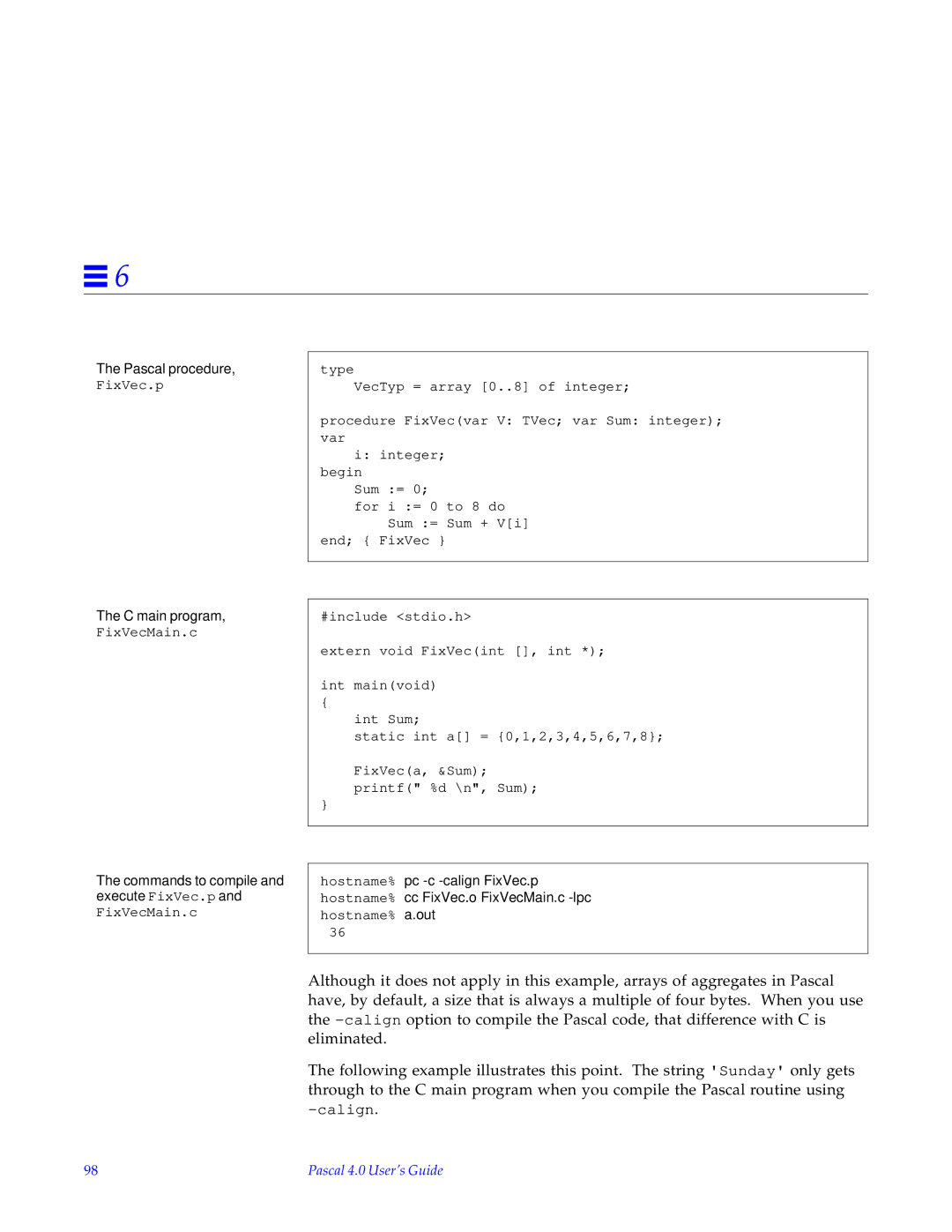 HP SunSoft Pascal 4.0 manual Pascal procedure, FixVec.p, Commands to compile and execute FixVec.p and FixVecMain.c 