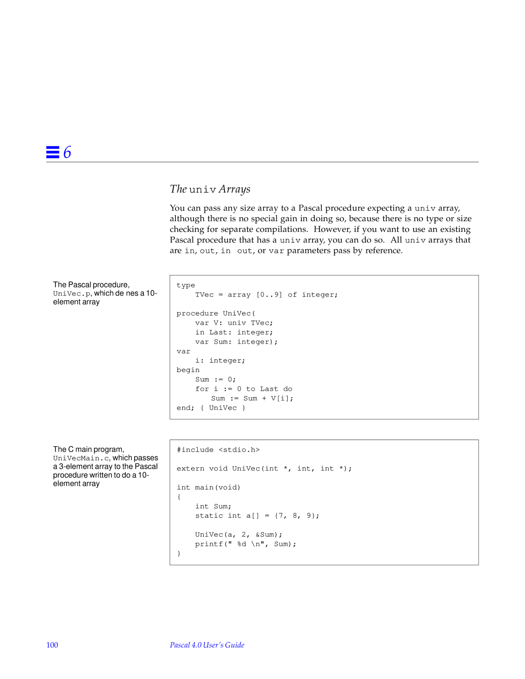 HP SunSoft Pascal 4.0 manual Univ Arrays, 100 