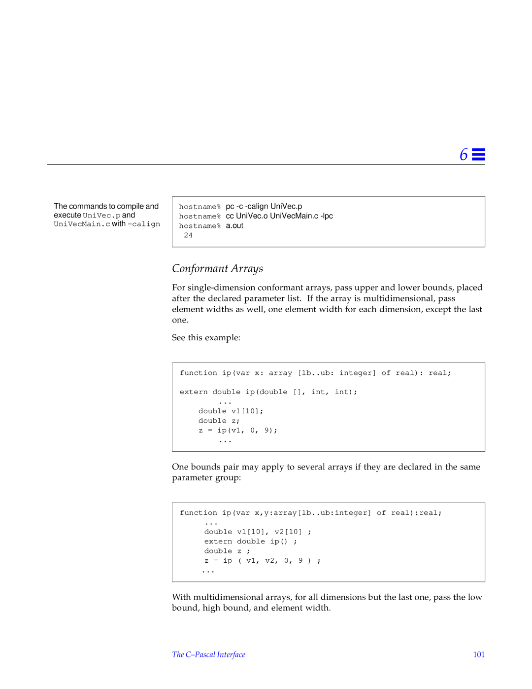 HP SunSoft Pascal 4.0 manual Conformant Arrays, C-Pascal Interface 101 