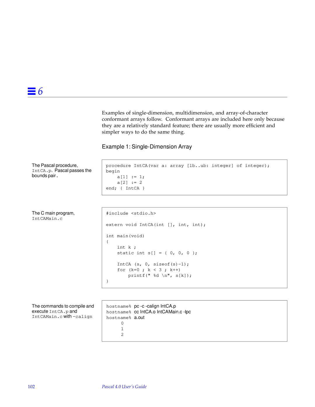 HP SunSoft Pascal 4.0 manual Example 1 Single-Dimension Array, 102 