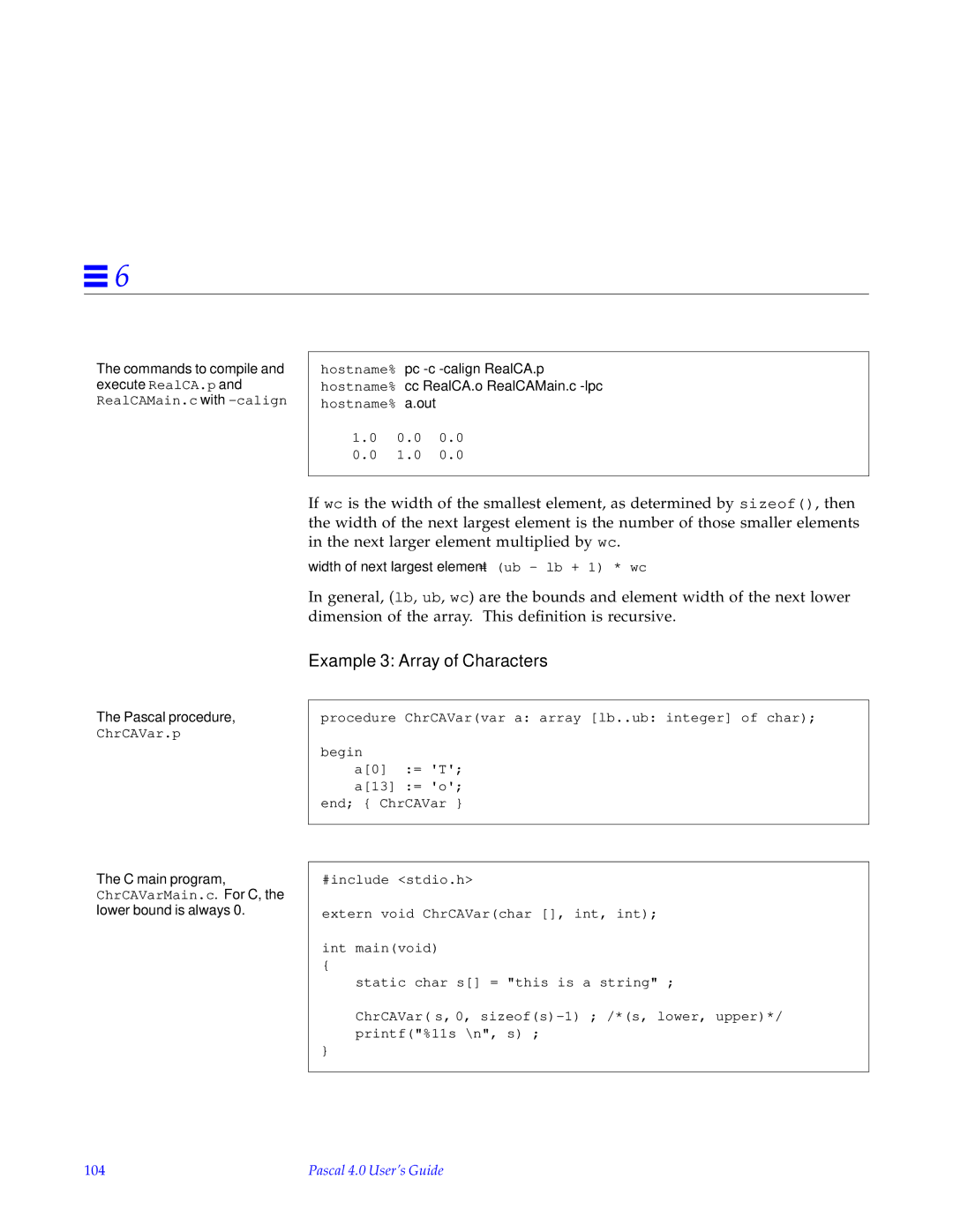 HP SunSoft Pascal 4.0 manual Example 3 Array of Characters, 104 