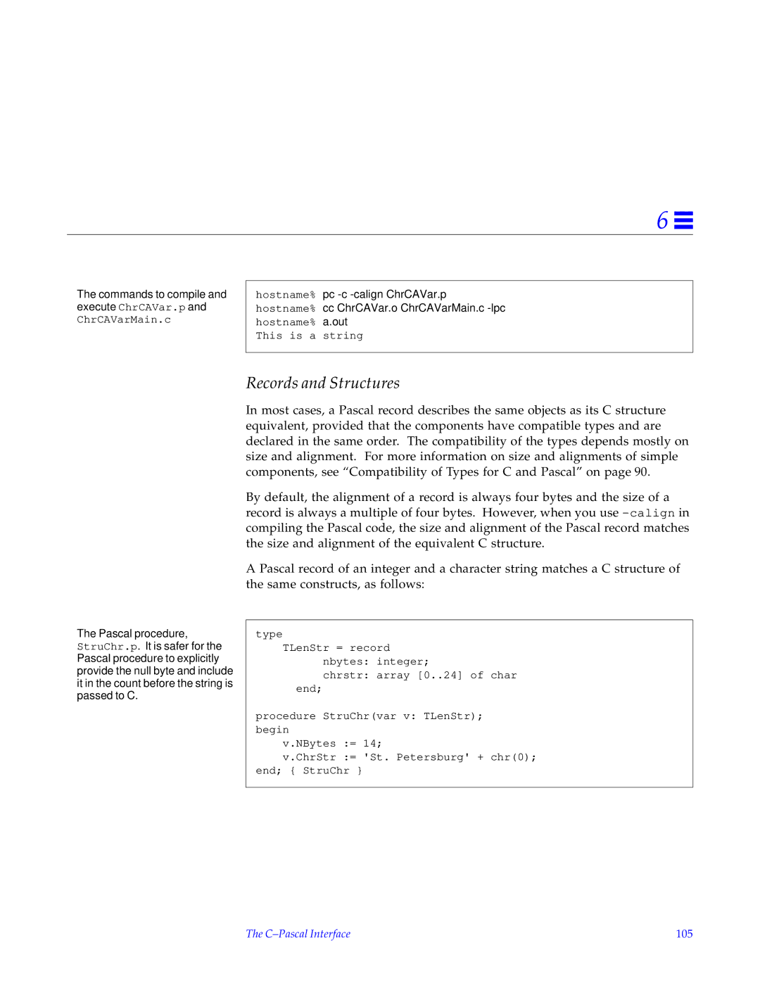 HP SunSoft Pascal 4.0 manual Records and Structures, C-Pascal Interface 105 