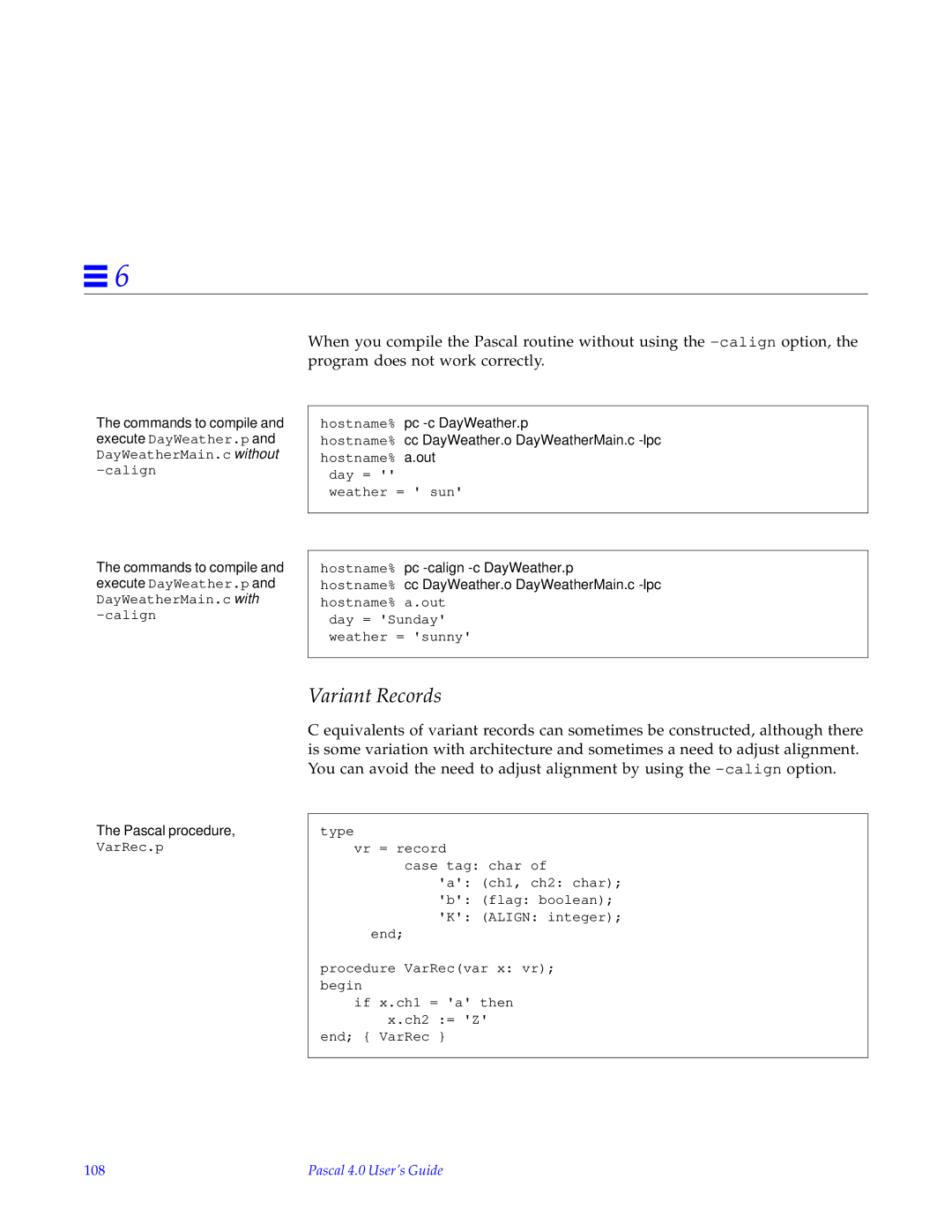 HP SunSoft Pascal 4.0 manual Variant Records, 108 