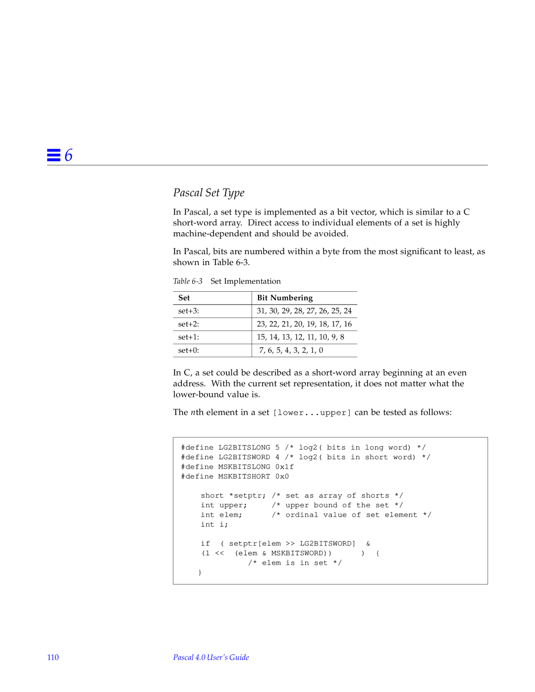 HP SunSoft Pascal 4.0 manual Pascal Set Type, 110 