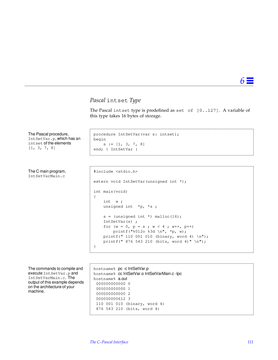 HP SunSoft Pascal 4.0 manual Pascal intset Type, C-Pascal Interface 111 