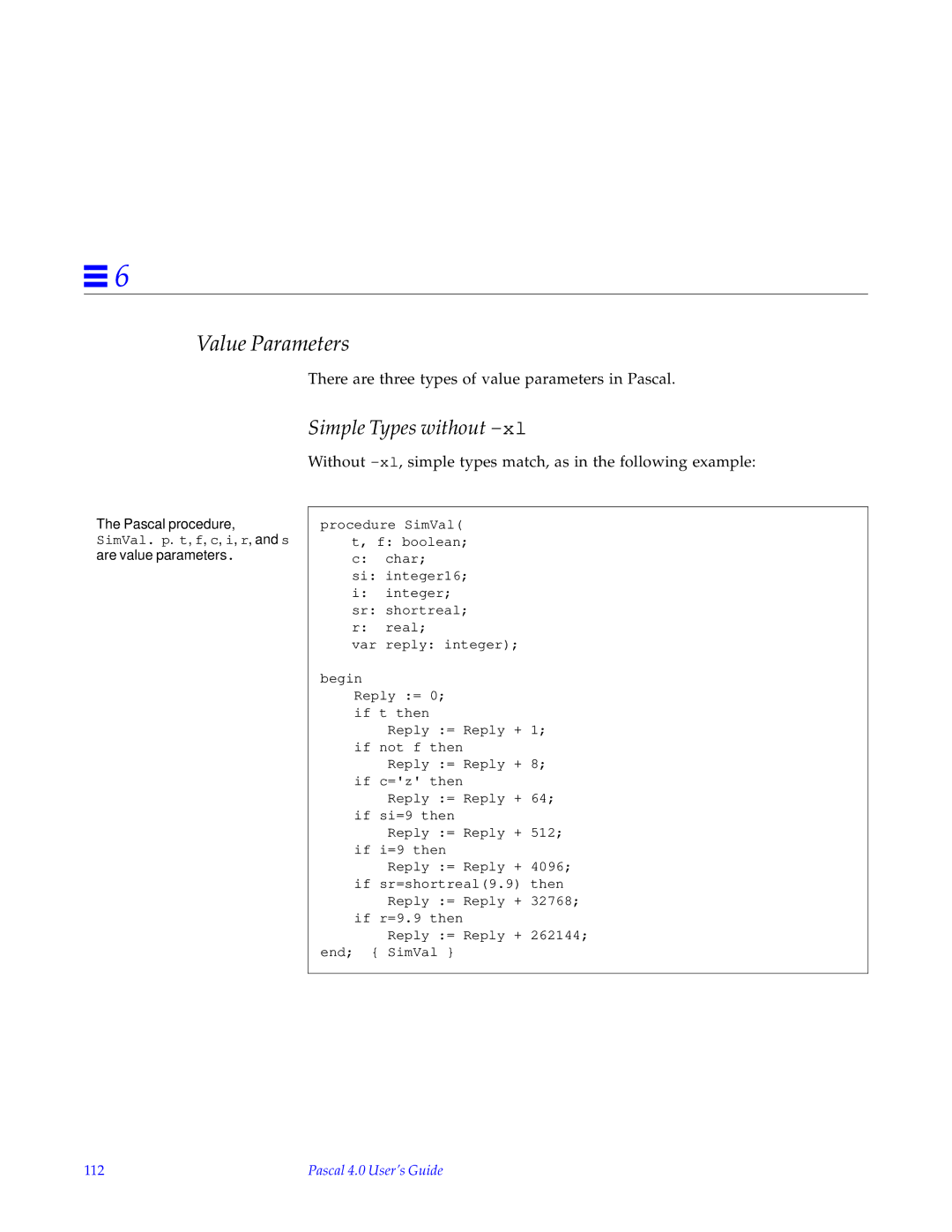 HP SunSoft Pascal 4.0 manual Value Parameters, 112 