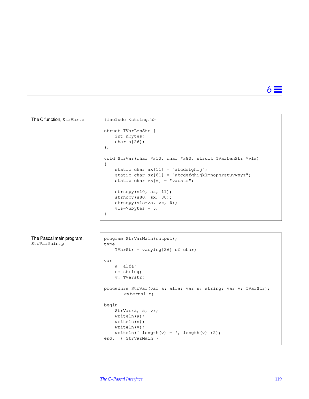 HP SunSoft Pascal 4.0 manual C function, StrVar.c, Pascal main program, StrVarMain.p, C-Pascal Interface 119 