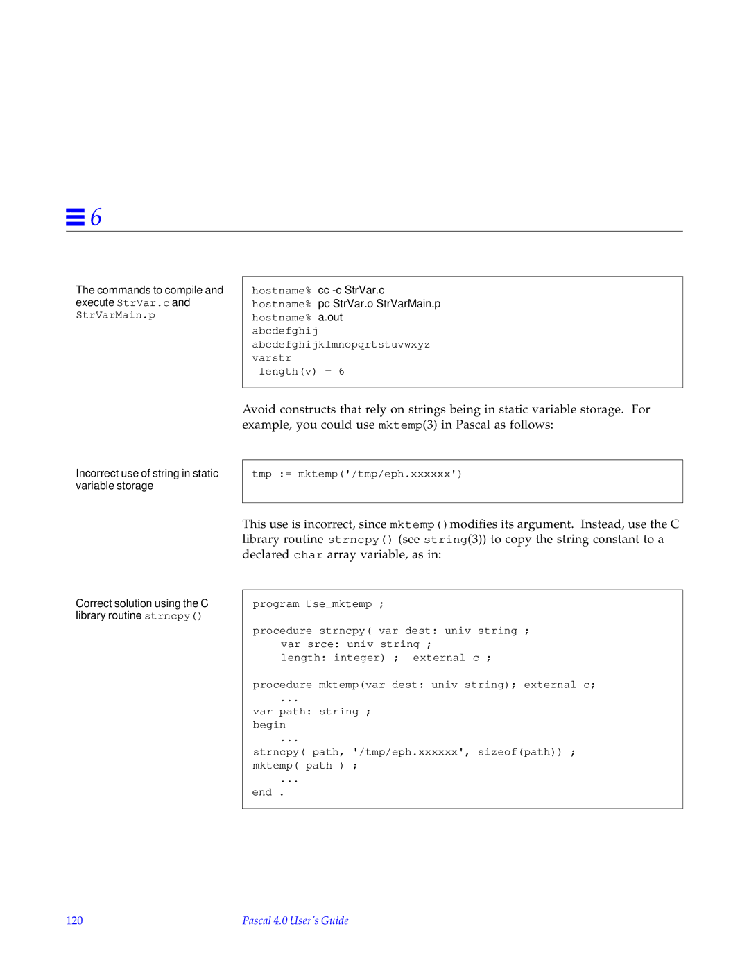 HP SunSoft Pascal 4.0 Commands to compile and execute StrVar.c, Incorrect use of string in static variable storage, 120 