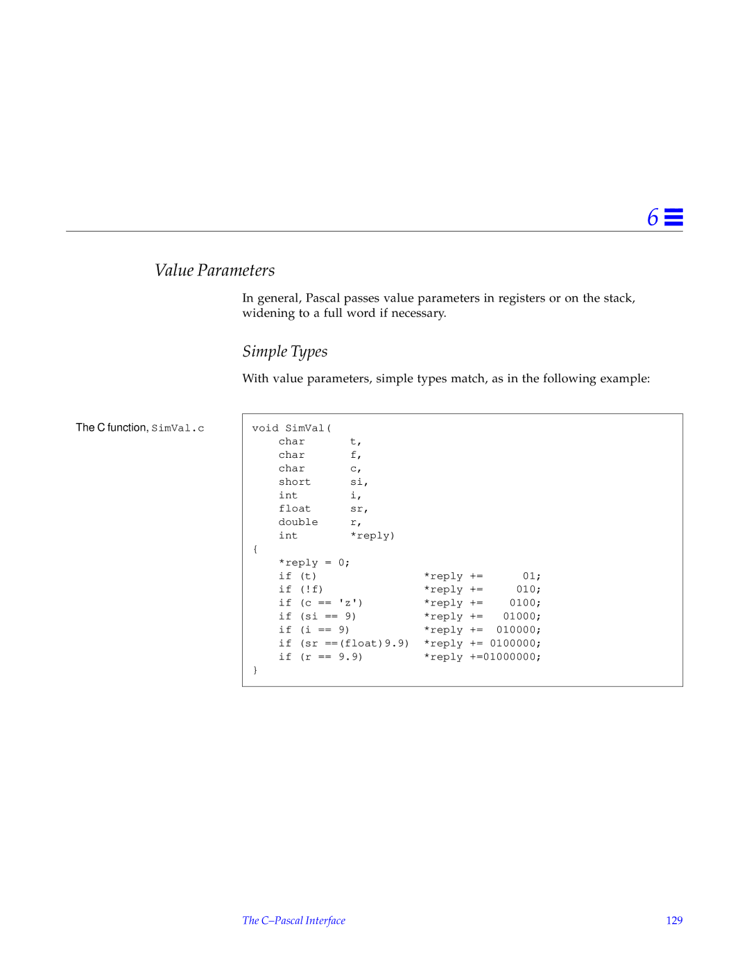 HP SunSoft Pascal 4.0 manual C function, SimVal.c, C-Pascal Interface 129 