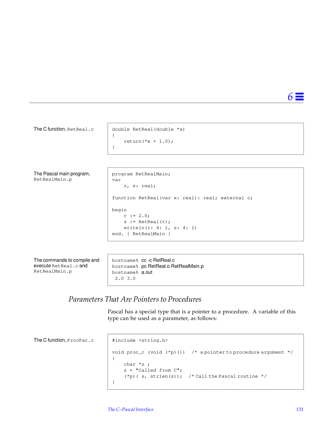 HP SunSoft Pascal 4.0 manual Parameters That Are Pointers to Procedures, C function, RetReal.c, C function, ProcPar.c 