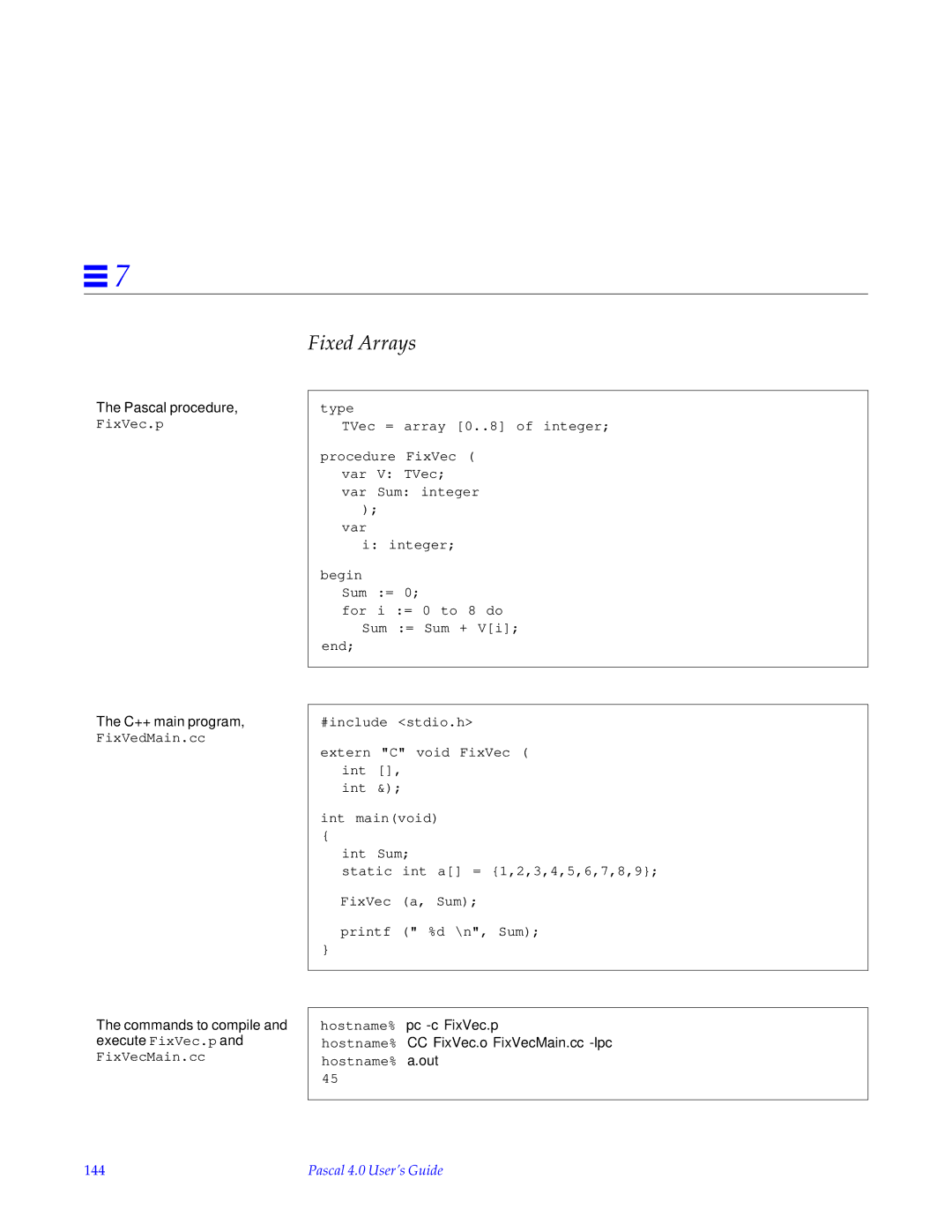 HP SunSoft Pascal 4.0 manual Hostname% pc -c FixVec.p, 144 