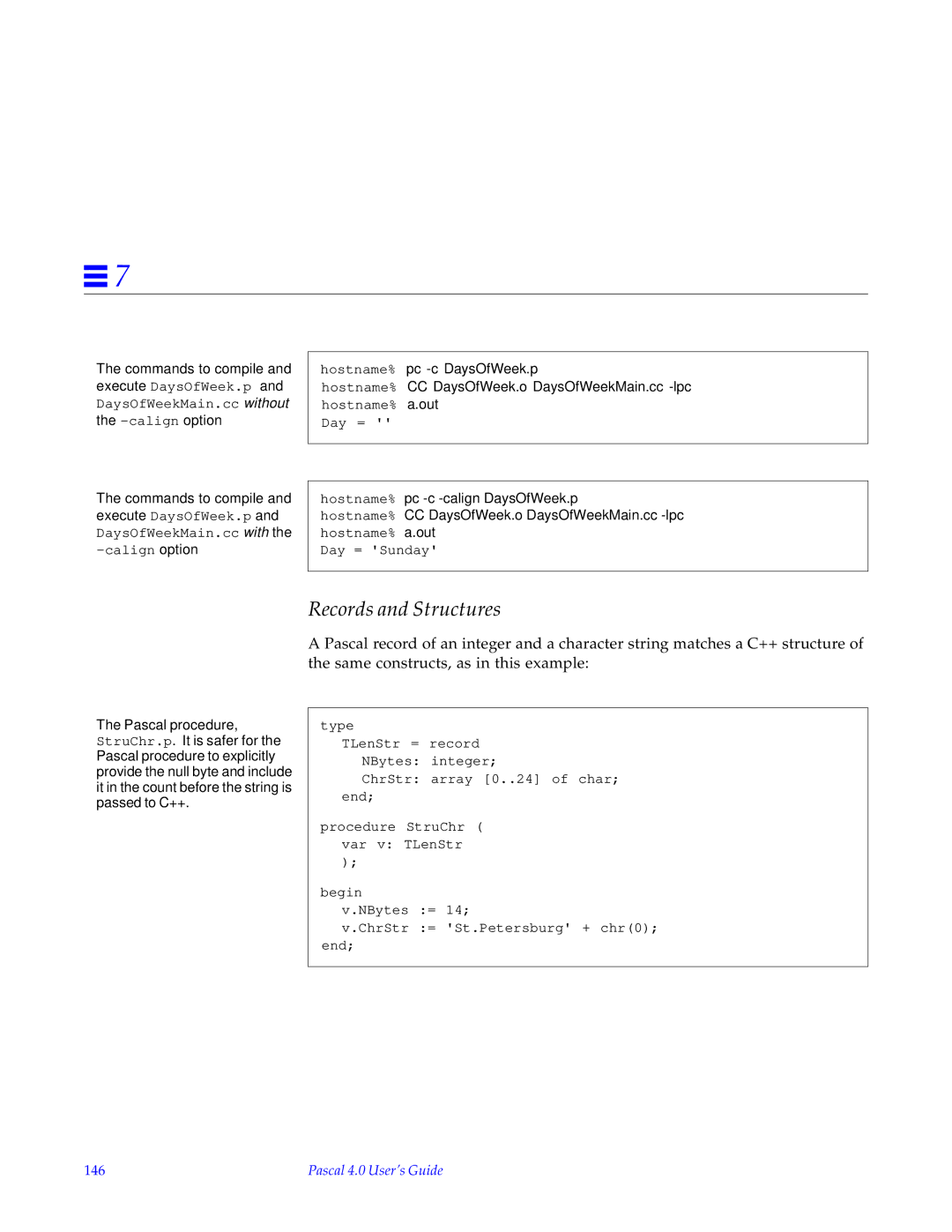 HP SunSoft Pascal 4.0 manual calignoption, Hostname% pc -c DaysOfWeek.p, 146 