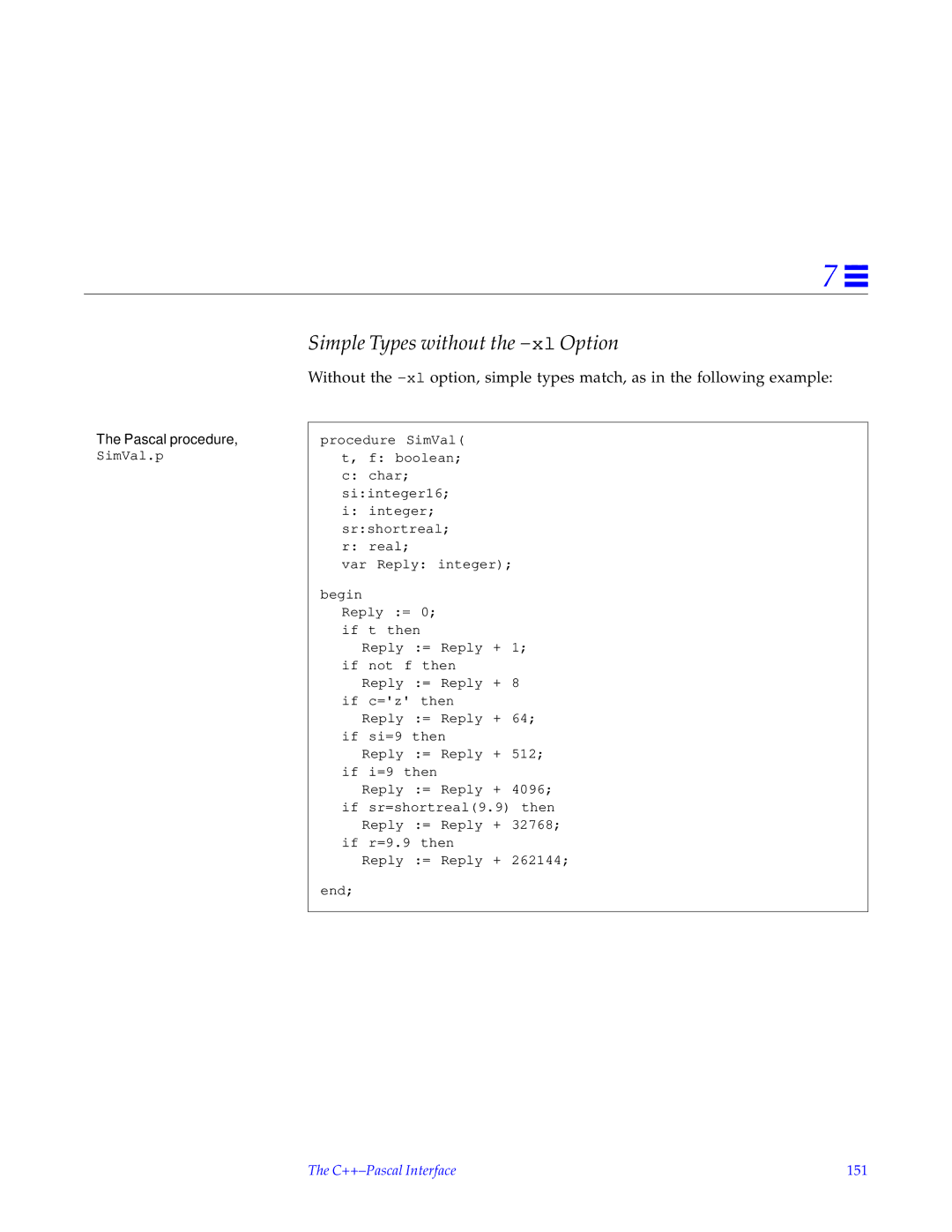 HP SunSoft Pascal 4.0 manual Pascal procedure, C++-Pascal Interface 151 