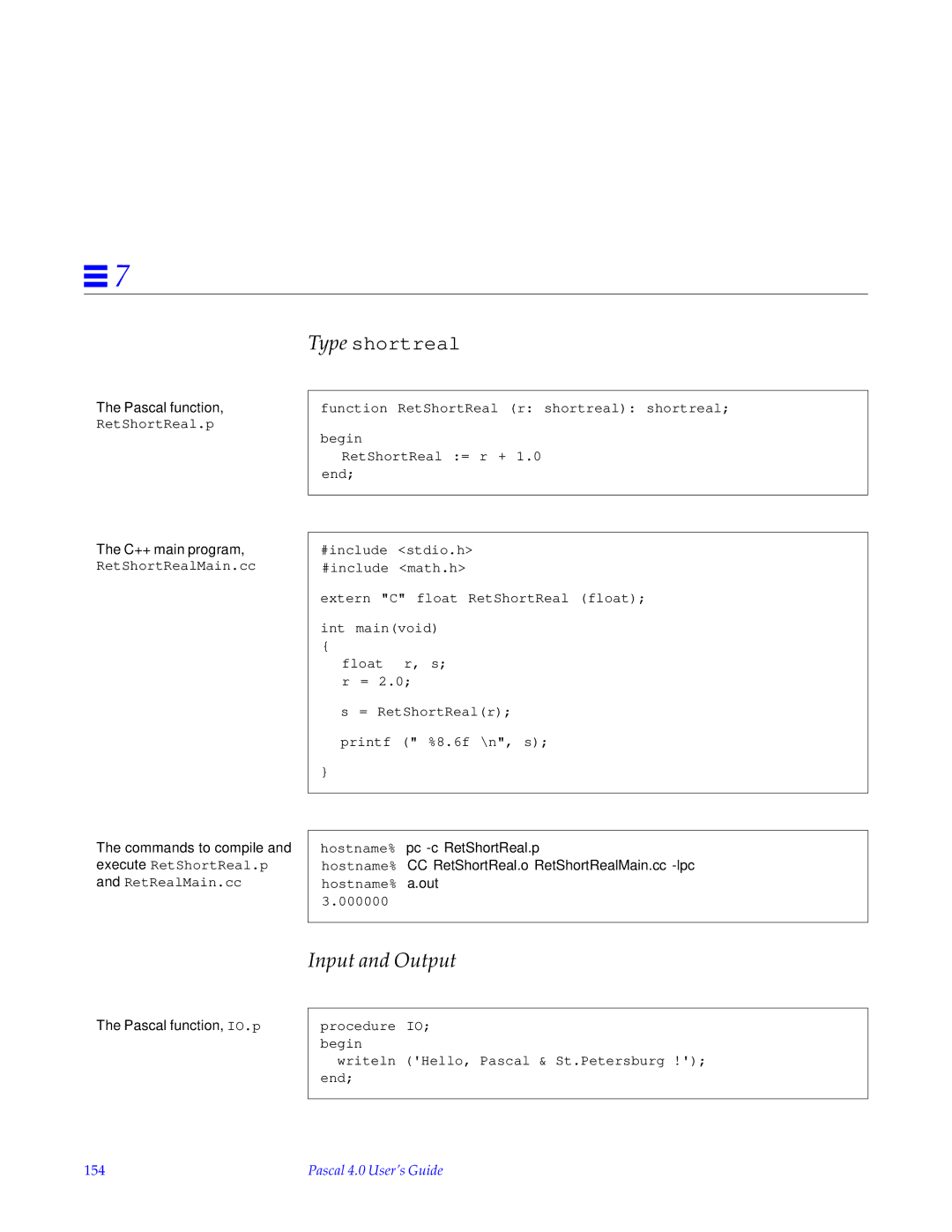 HP SunSoft Pascal 4.0 manual Input and Output, Hostname% pc -c RetShortReal.p, Pascal function, IO.p, 154 