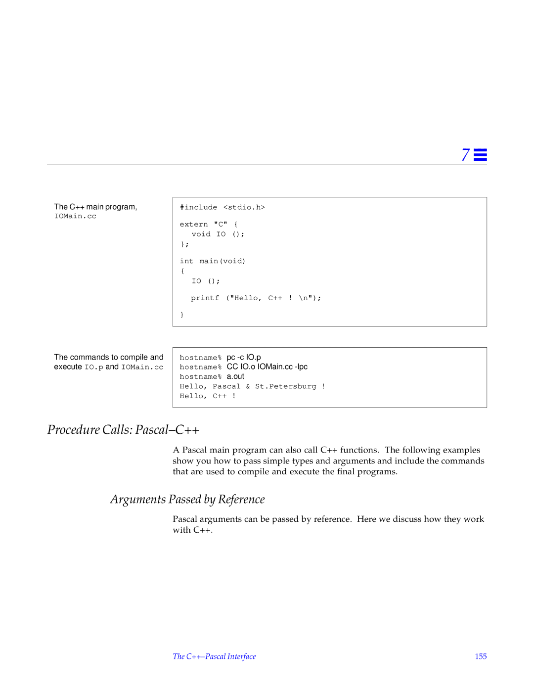 HP SunSoft Pascal 4.0 manual Procedure Calls Pascal-C++, C++ main program, IOMain.cc, C++-Pascal Interface 155 