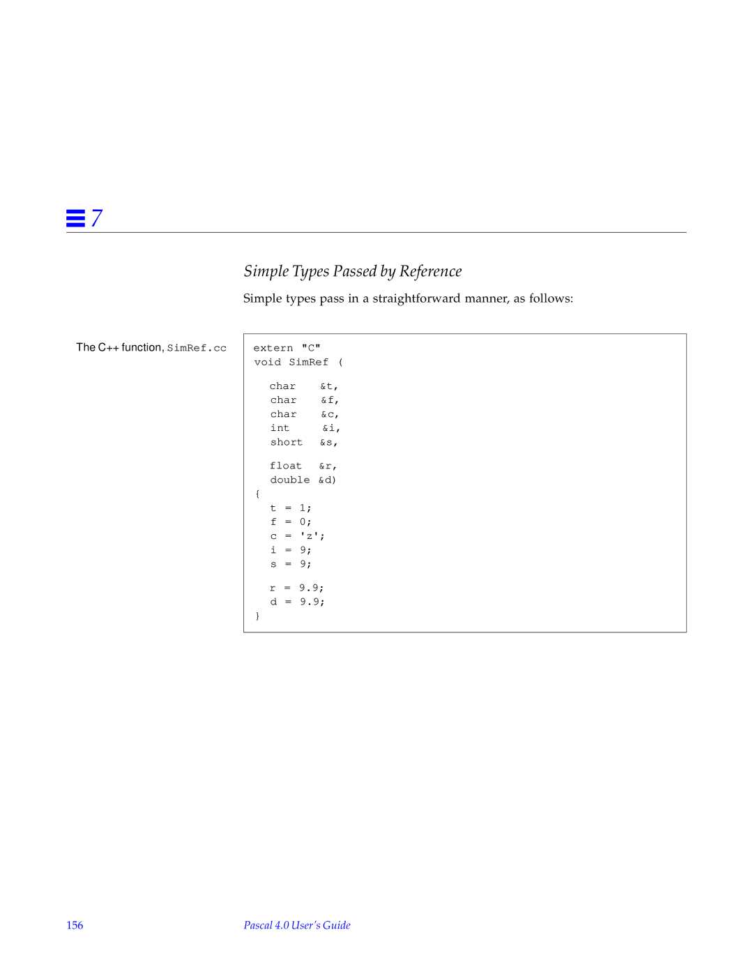 HP SunSoft Pascal 4.0 manual Simple Types Passed by Reference, C++ function, SimRef.cc, 156 