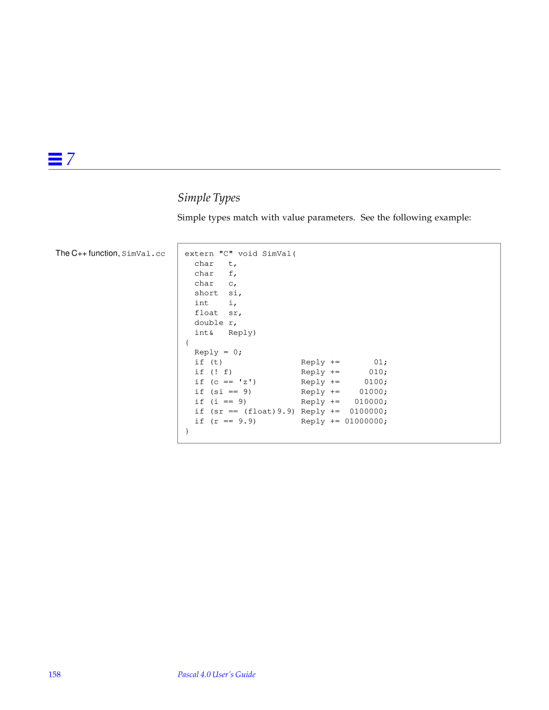 HP SunSoft Pascal 4.0 manual C++ function, SimVal.cc, 158 