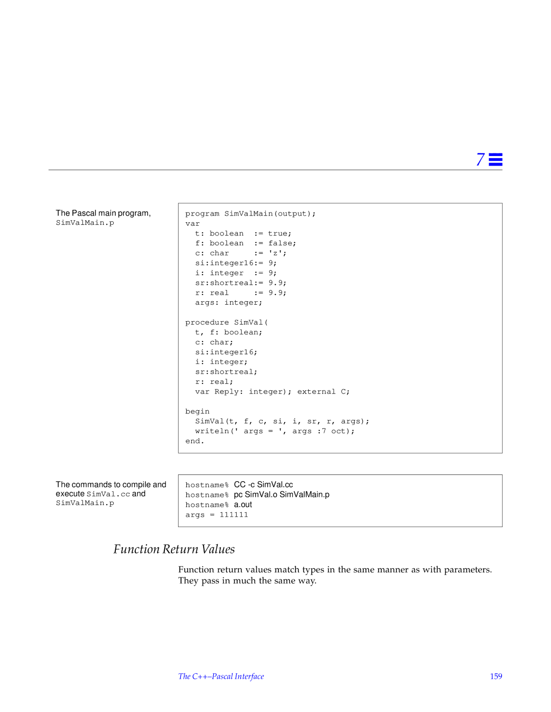 HP SunSoft Pascal 4.0 manual Commands to compile and execute SimVal.cc, C++-Pascal Interface 159 