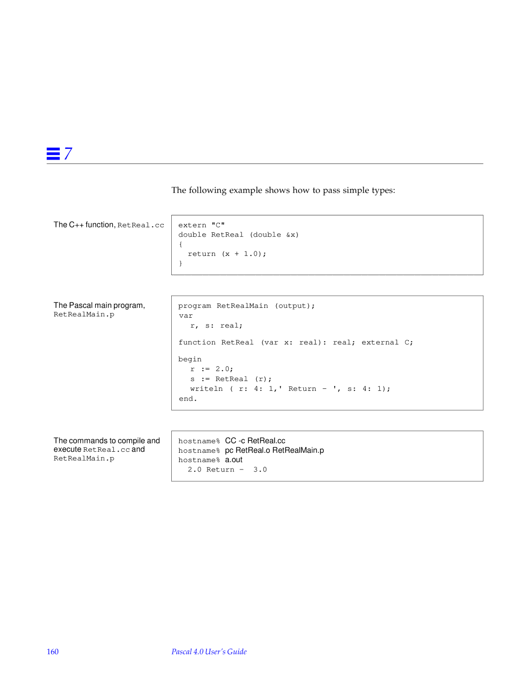 HP SunSoft Pascal 4.0 manual C++ function, RetReal.cc, 160 