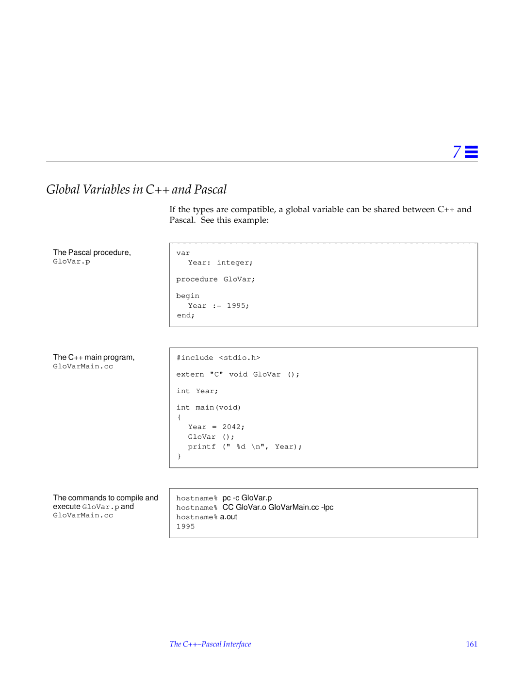 HP SunSoft Pascal 4.0 manual Global Variables in C++ and Pascal, Pascal procedure, GloVar.p C++ main program, GloVarMain.cc 