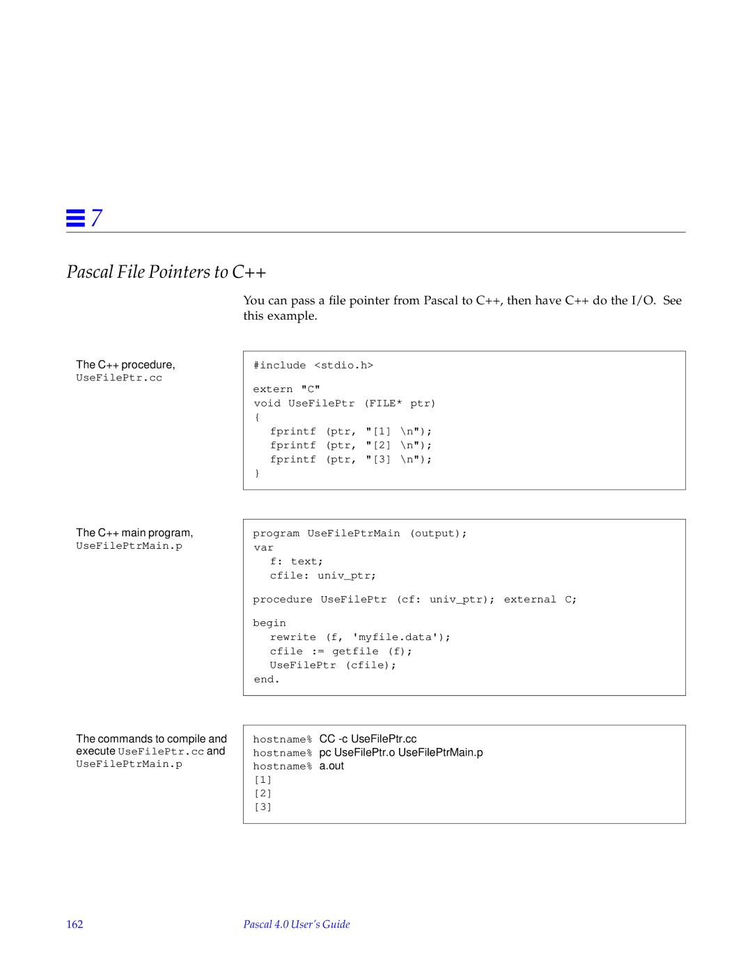 HP SunSoft Pascal 4.0 manual Pascal File Pointers to C++, C++ procedure, 162 