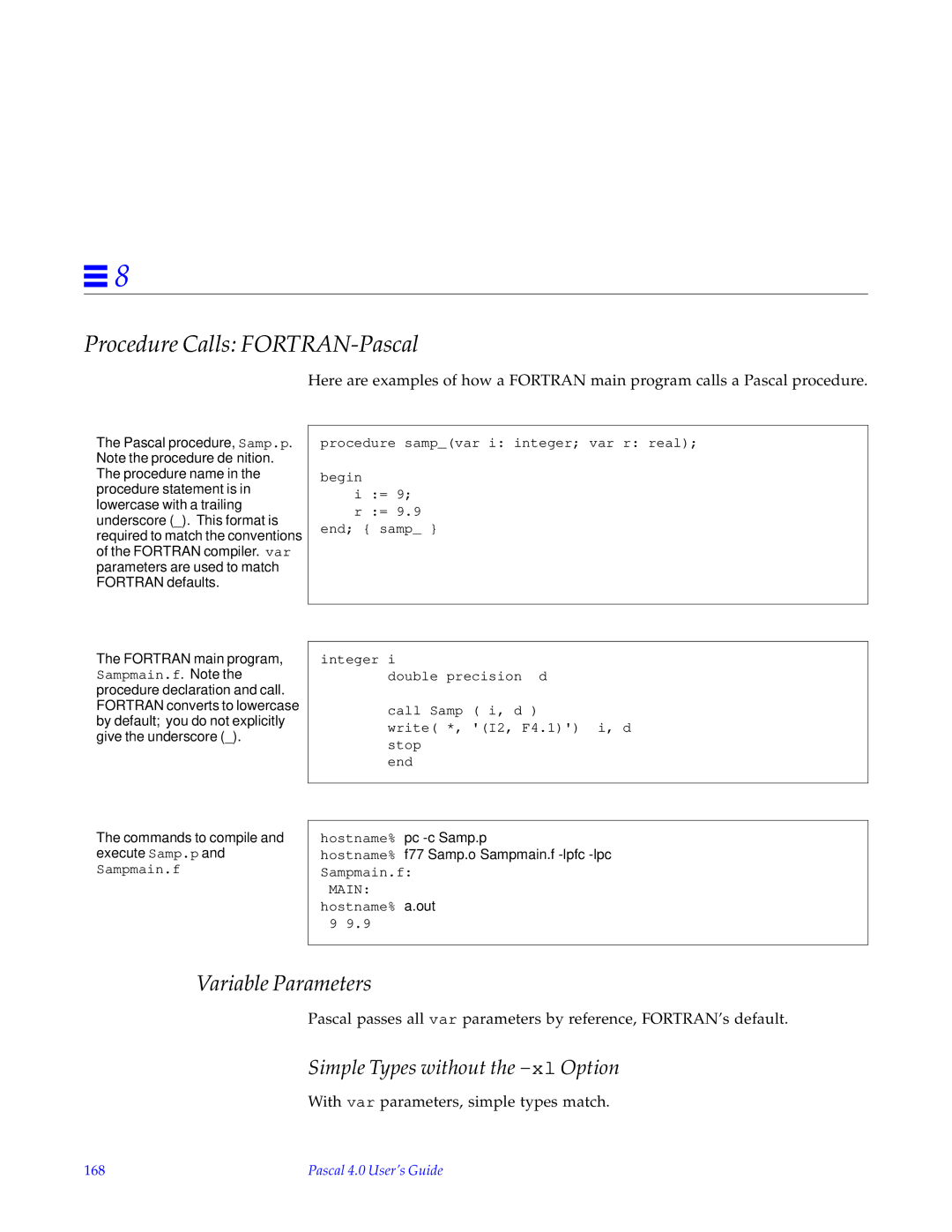 HP SunSoft Pascal 4.0 manual Procedure Calls FORTRAN-Pascal, 168 