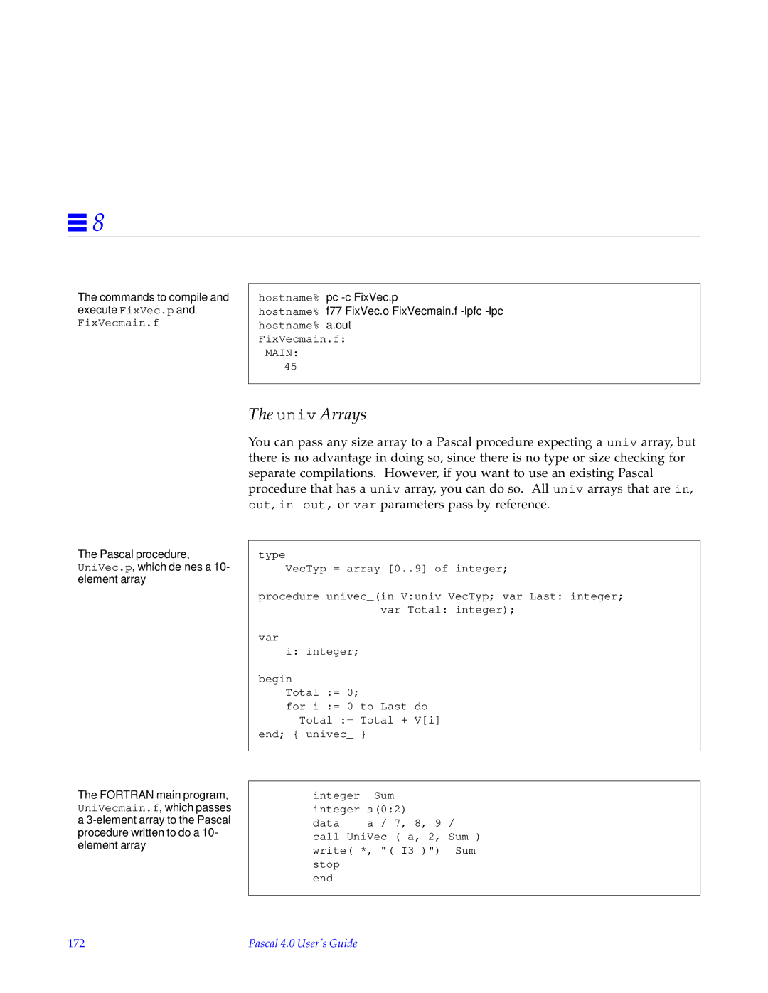 HP SunSoft Pascal 4.0 manual Commands to compile and execute FixVec.p, 172 