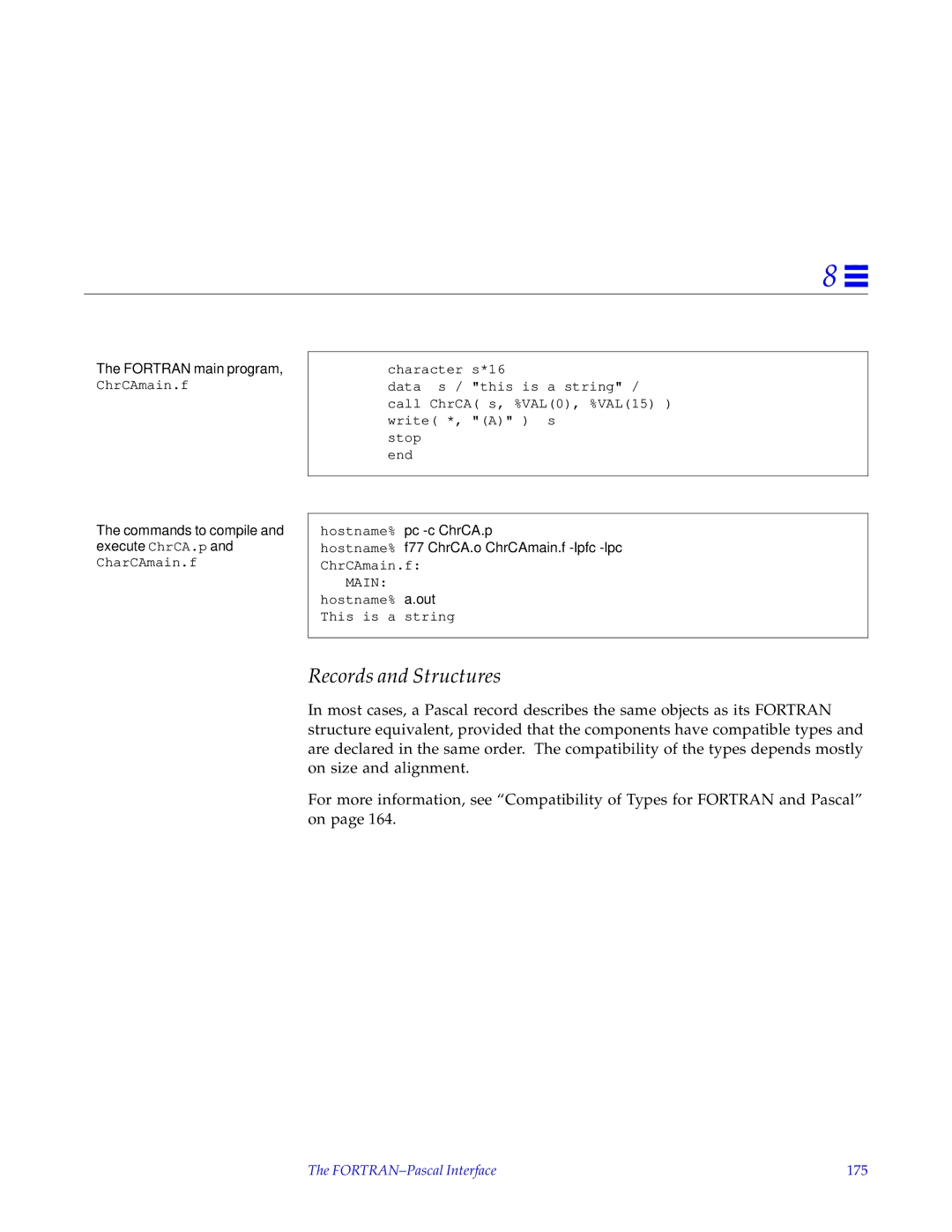 HP SunSoft Pascal 4.0 manual Fortran main program, ChrCAmain.f, Commands to compile and execute ChrCA.p 