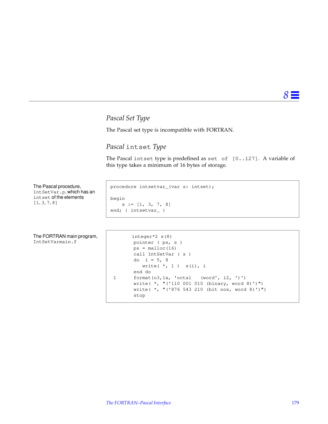 HP SunSoft Pascal 4.0 manual Pascal Set Type, FORTRAN-Pascal Interface 179 