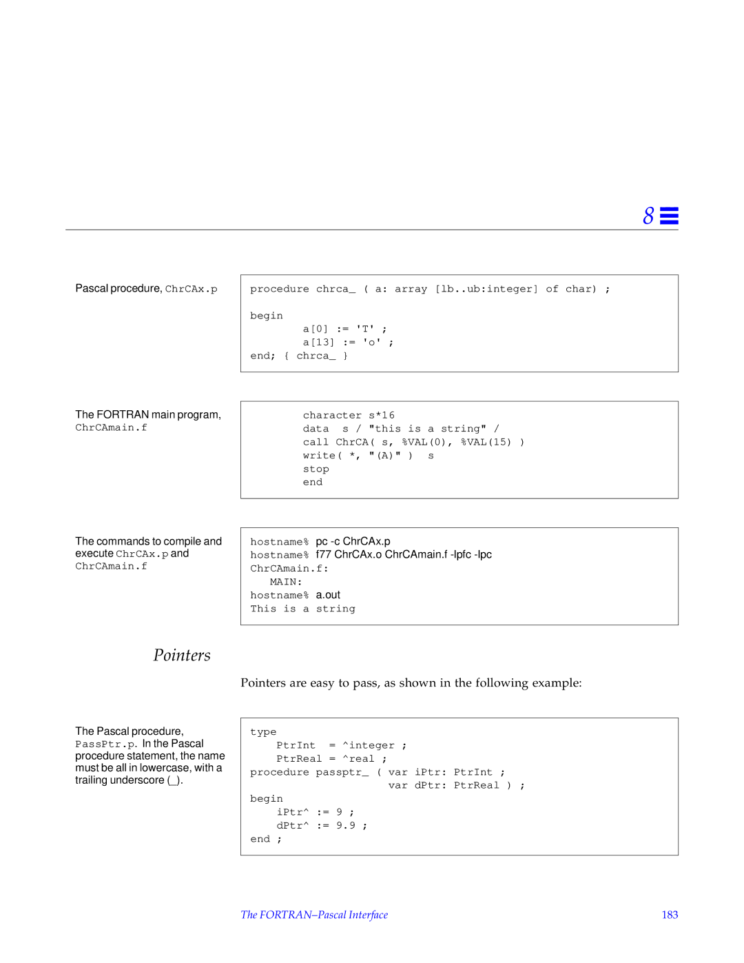 HP SunSoft Pascal 4.0 manual Pointers, Pascal procedure, ChrCAx.p, Commands to compile and execute ChrCAx.p 