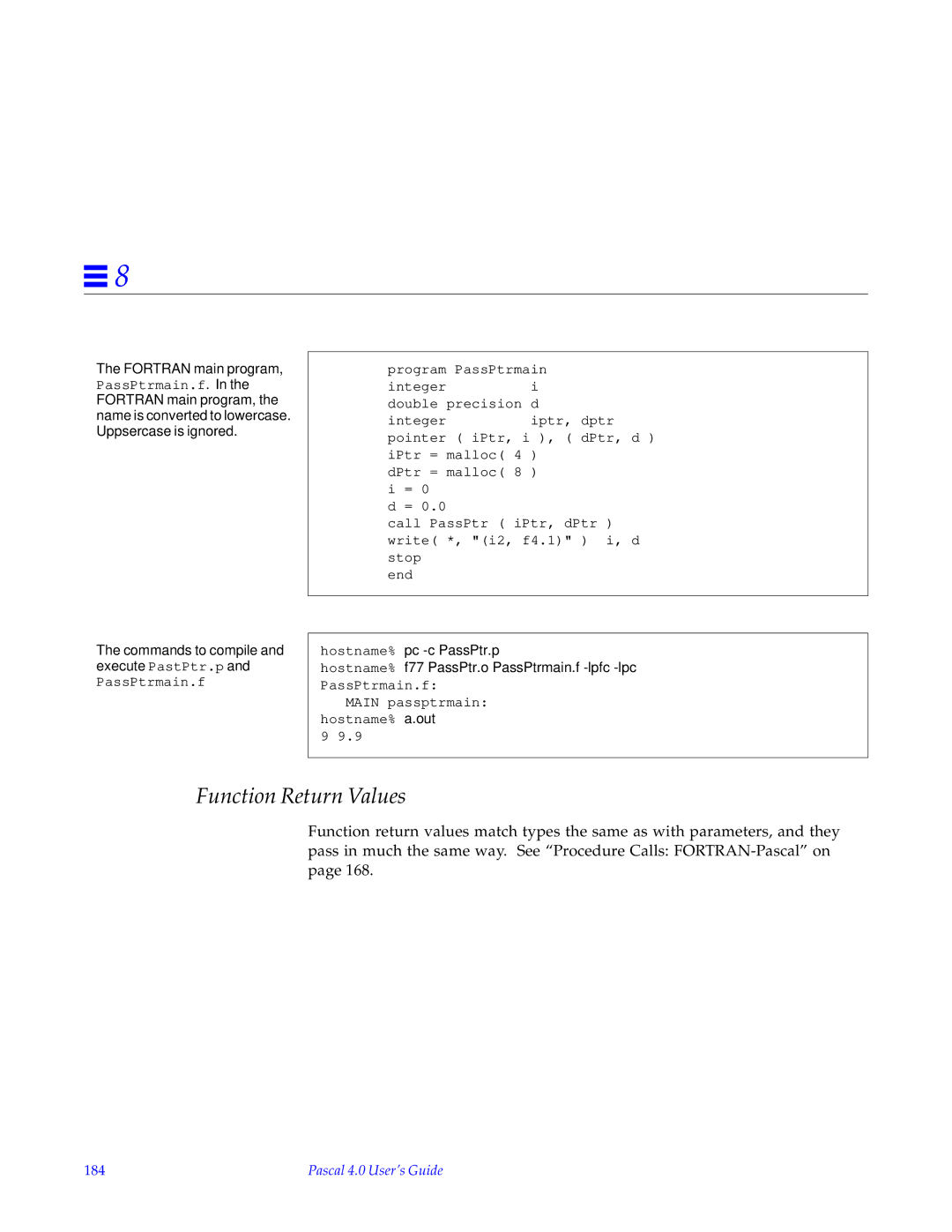 HP SunSoft Pascal 4.0 manual Commands to compile and execute PastPtr.p, 184 