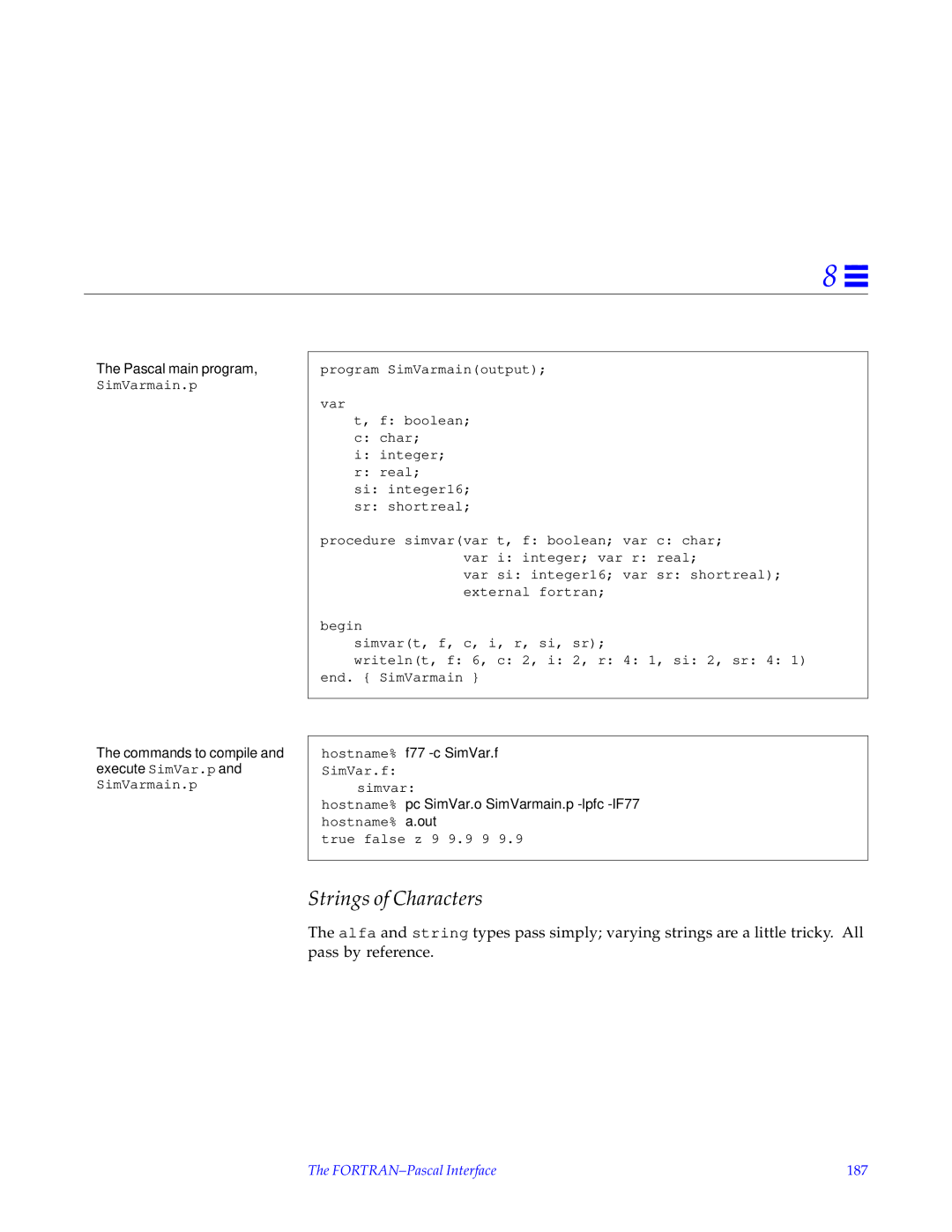 HP SunSoft Pascal 4.0 manual Strings of Characters, FORTRAN-Pascal Interface 187 