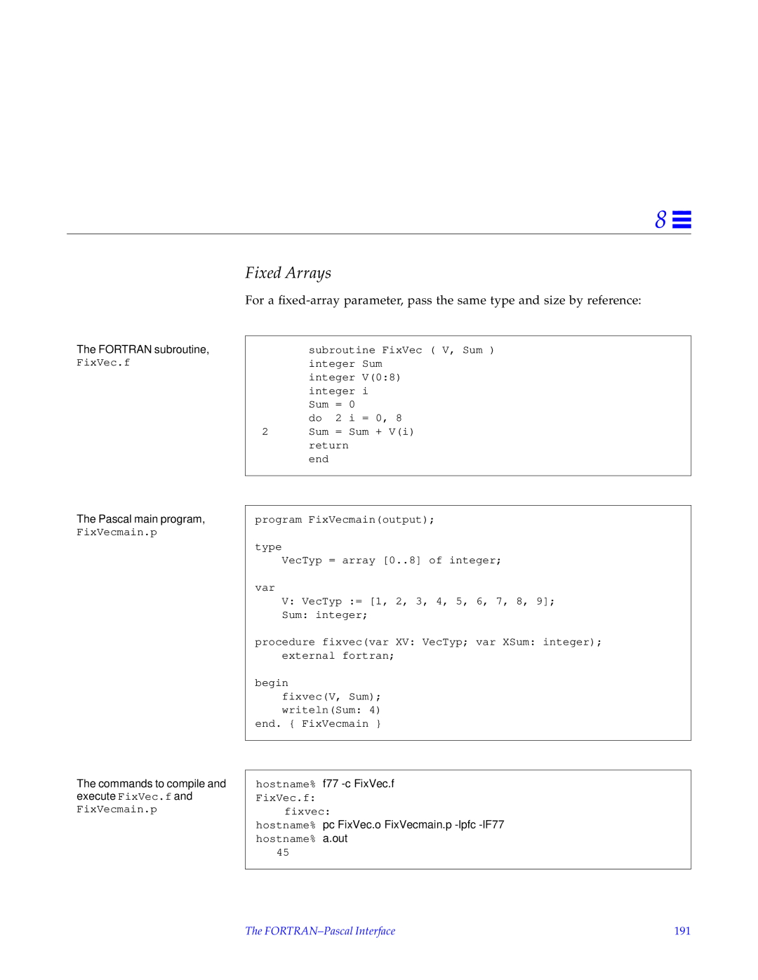 HP SunSoft Pascal 4.0 manual Commands to compile and execute FixVec.f, FORTRAN-Pascal Interface 191 