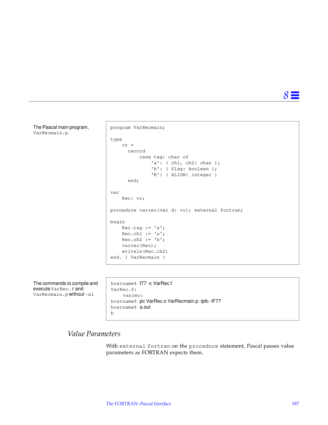 HP SunSoft Pascal 4.0 manual Pascal main program, FORTRAN-Pascal Interface 197 