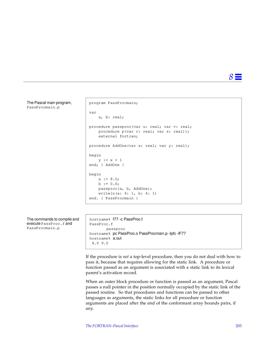 HP SunSoft Pascal 4.0 manual Pascal main program, FORTRAN-Pascal Interface 203 