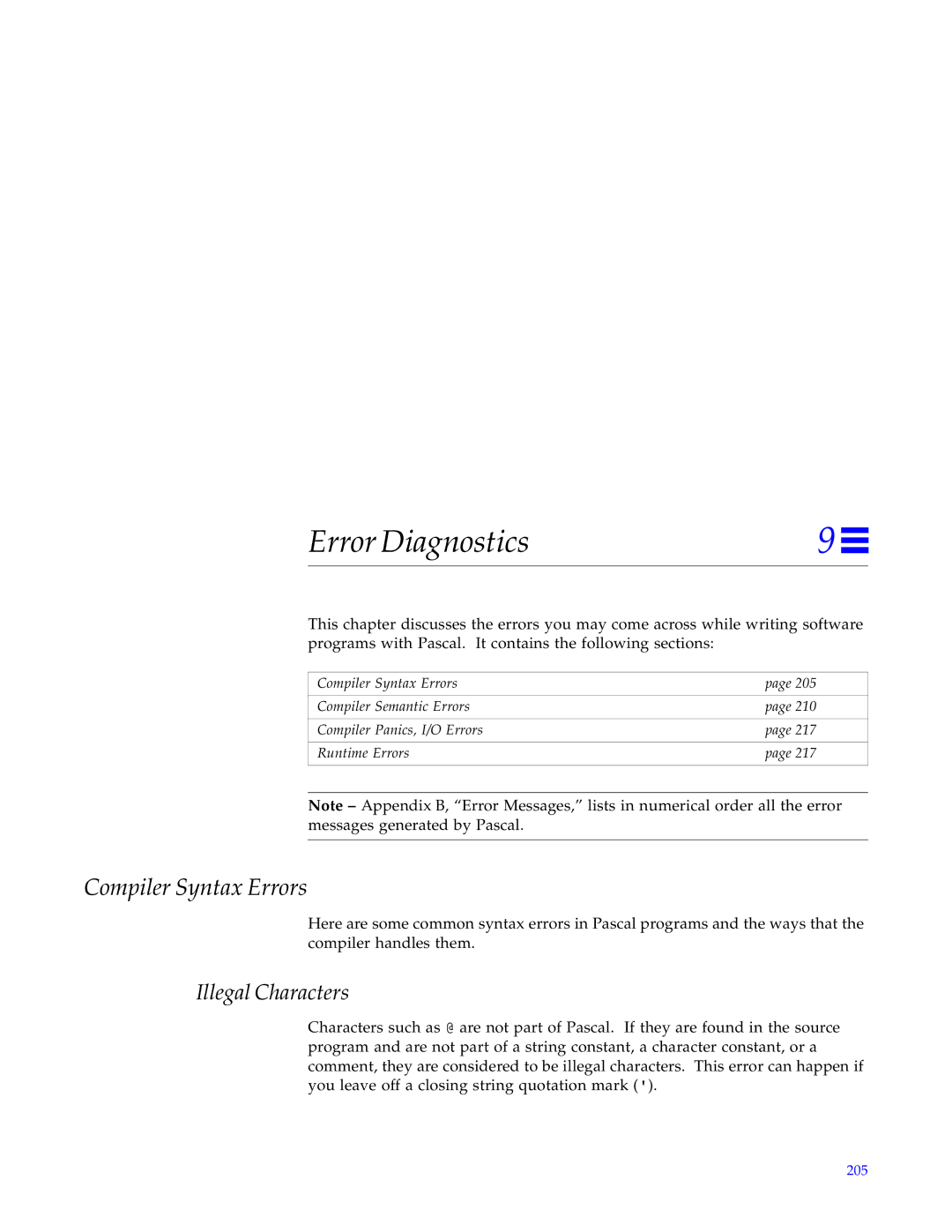 HP SunSoft Pascal 4.0 manual Error Diagnostics, Compiler Syntax Errors, Illegal Characters 